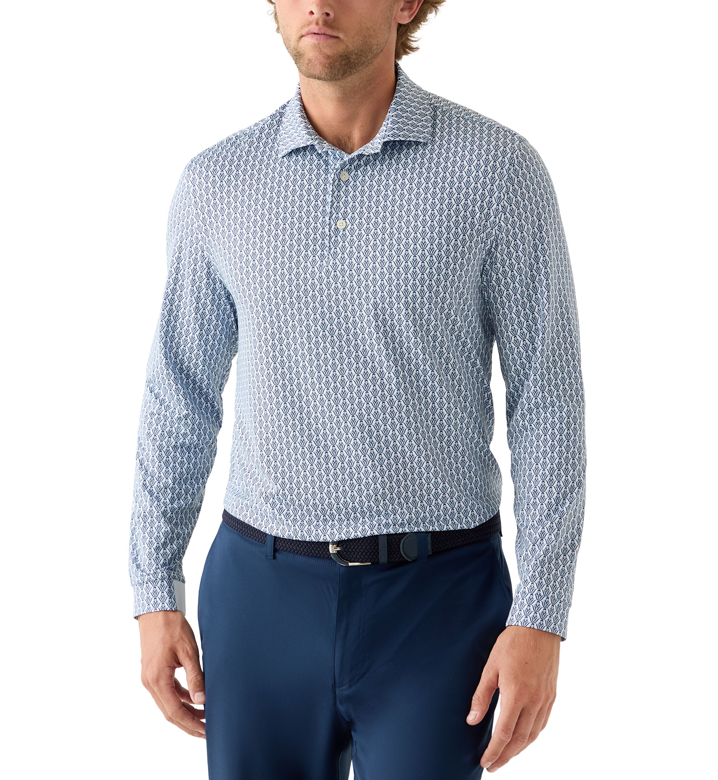 Long Sleeve Geo Print Polo Shirt 
