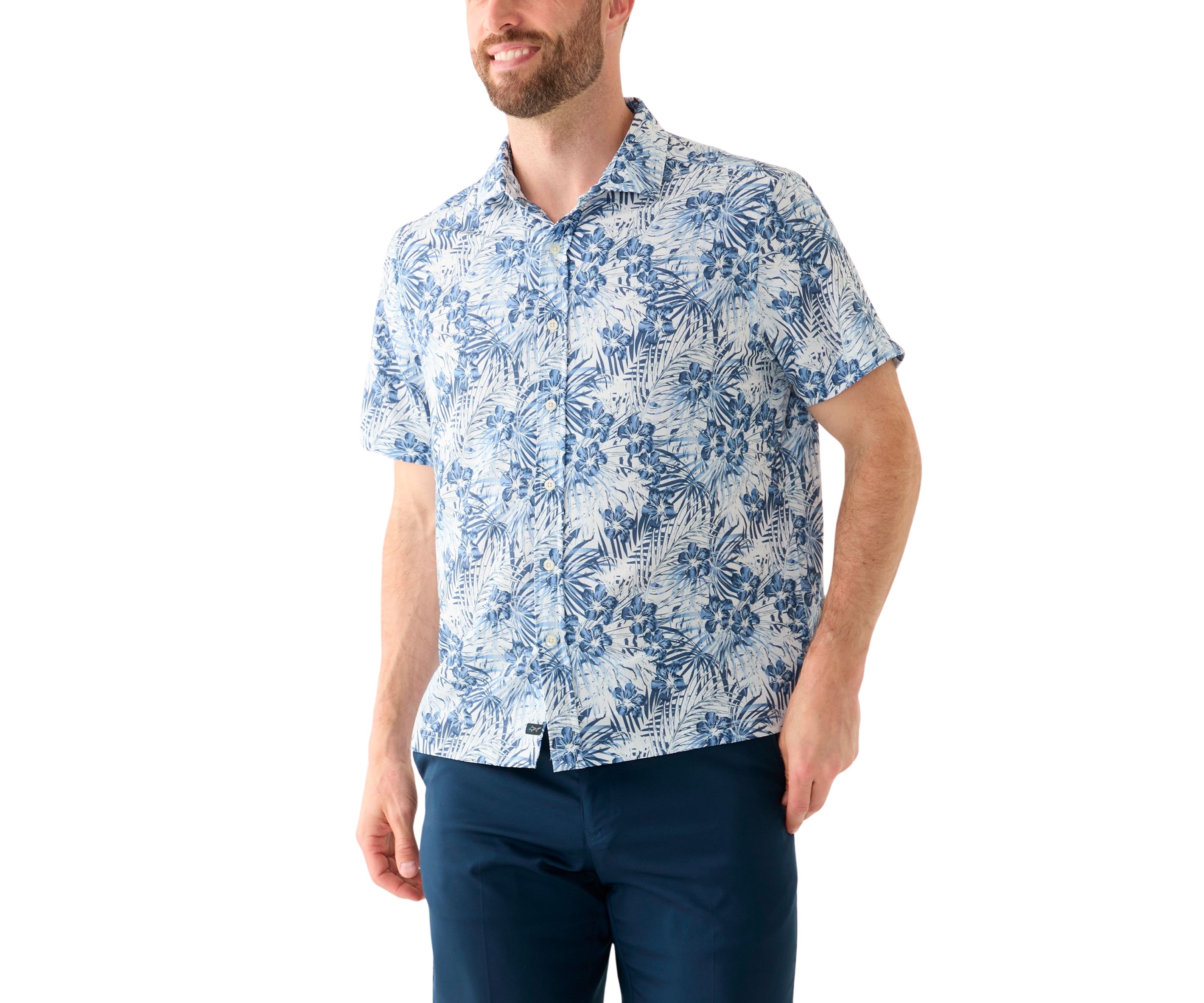 Mens Hibiscus Print Button Down Shirt