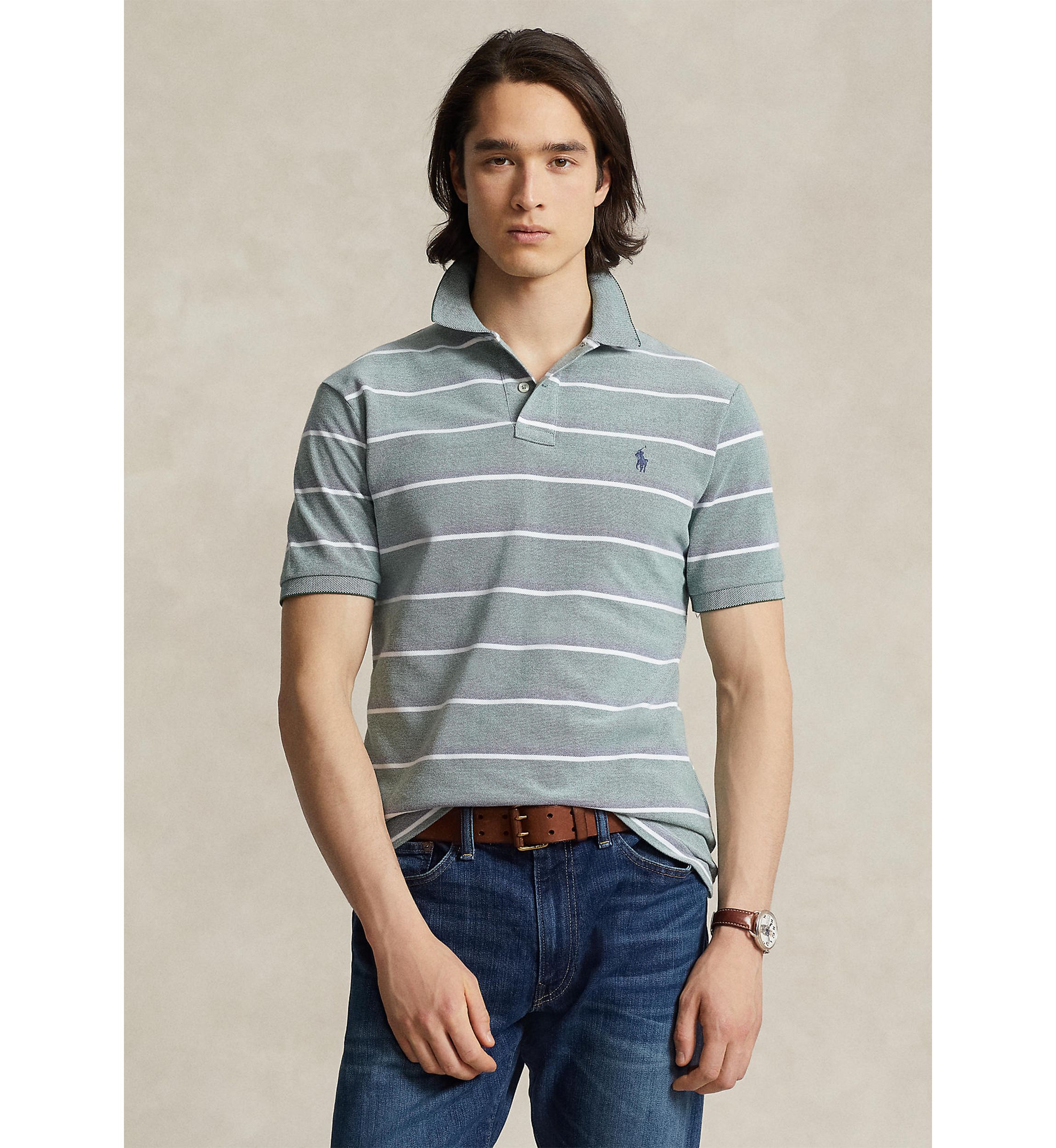 Classic Fit Striped Mesh Polo Shirt