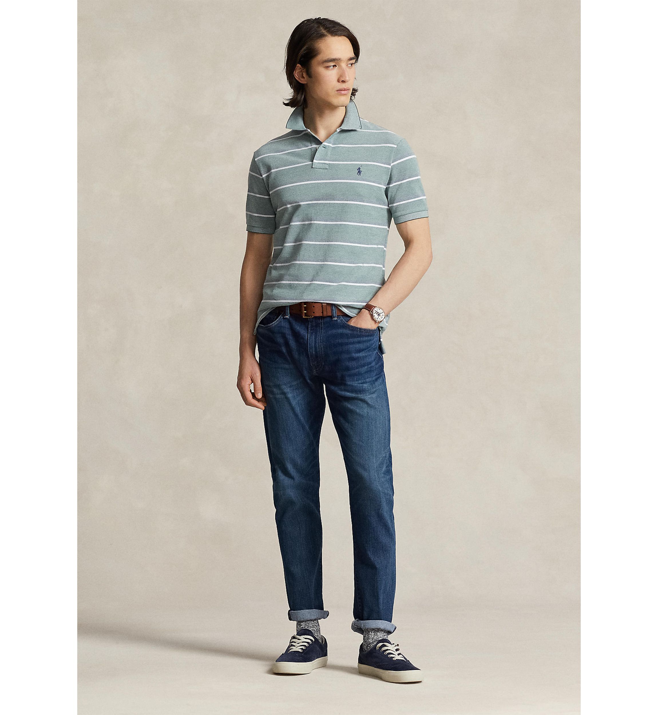Classic Fit Striped Mesh Polo Shirt