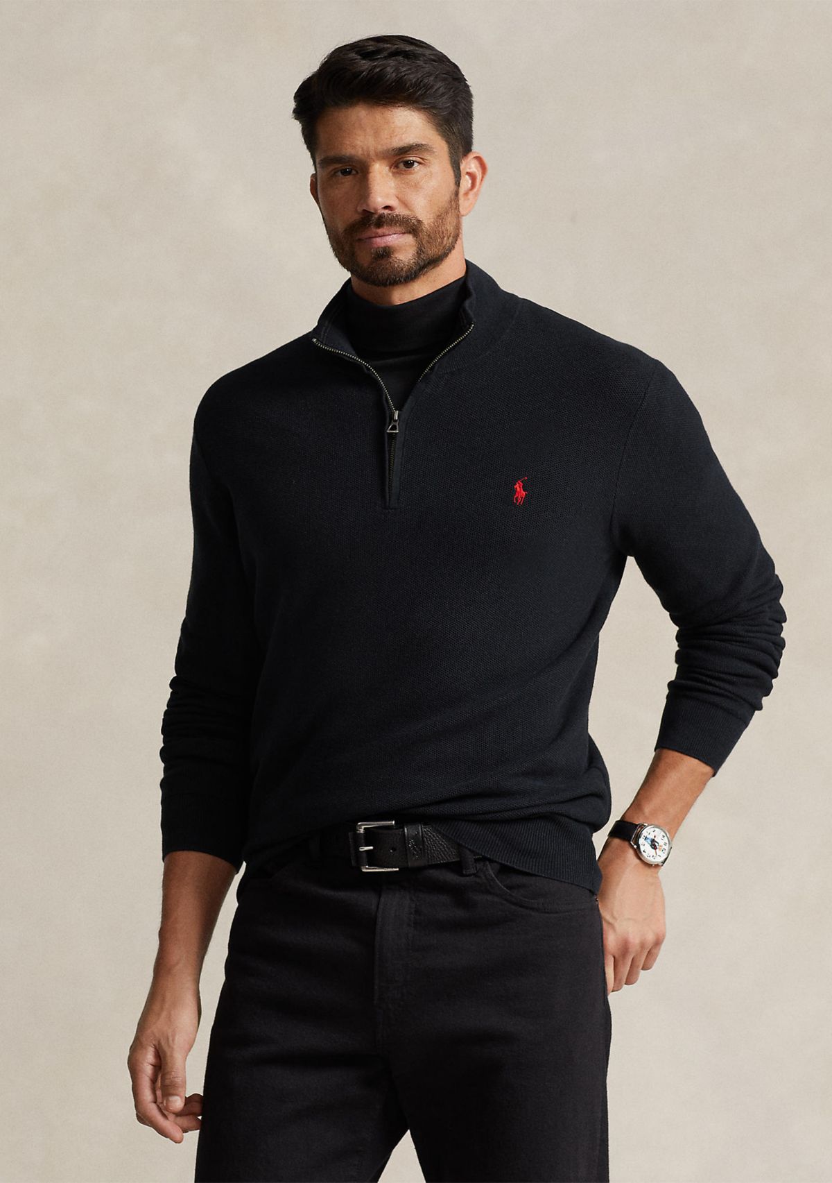 Big & Tall Mesh Knit Cotton Quarter Zip Sweater