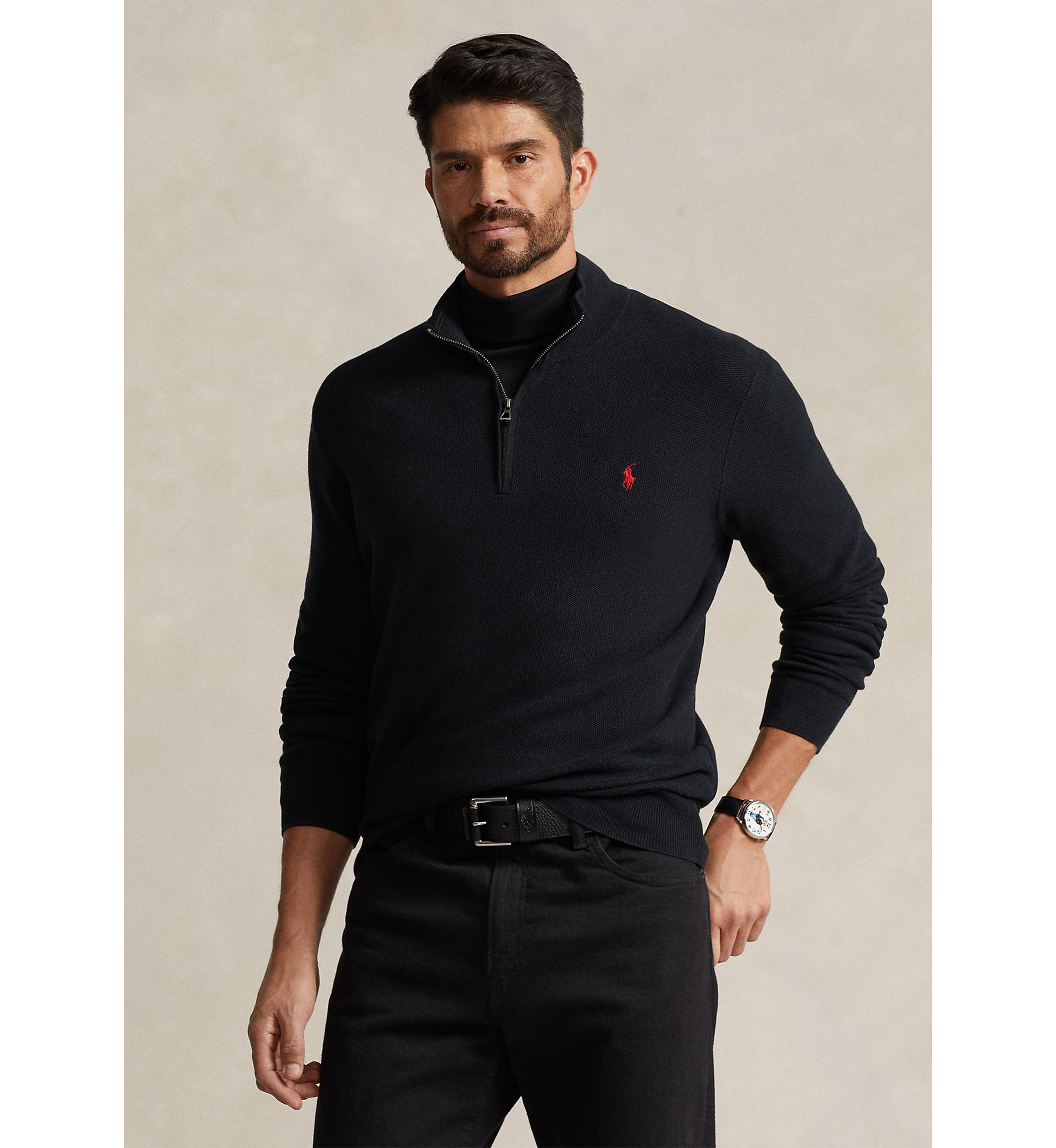 Big & Tall Mesh Knit Cotton Quarter Zip Sweater