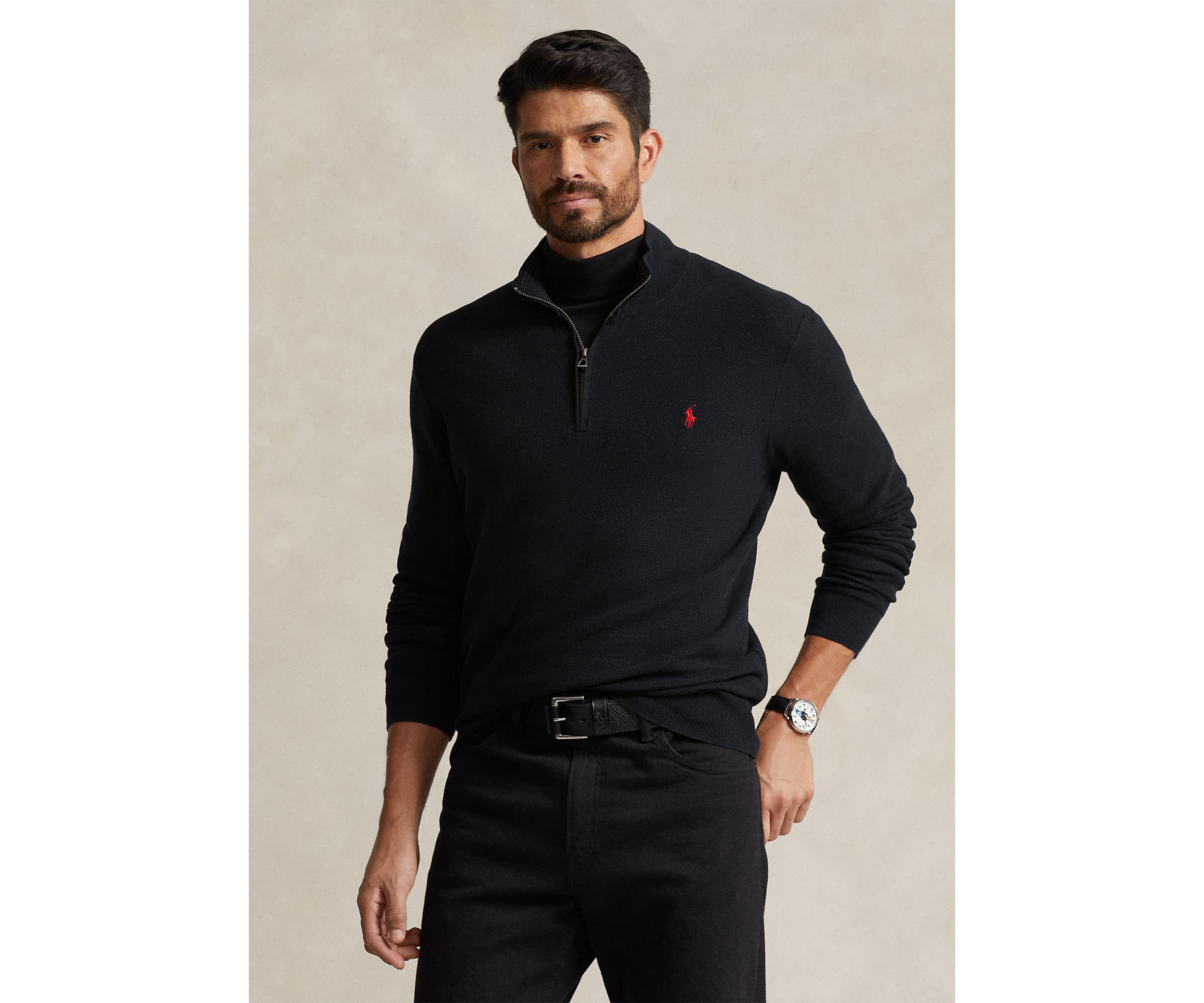 Big & Tall Mesh Knit Cotton Quarter Zip Sweater