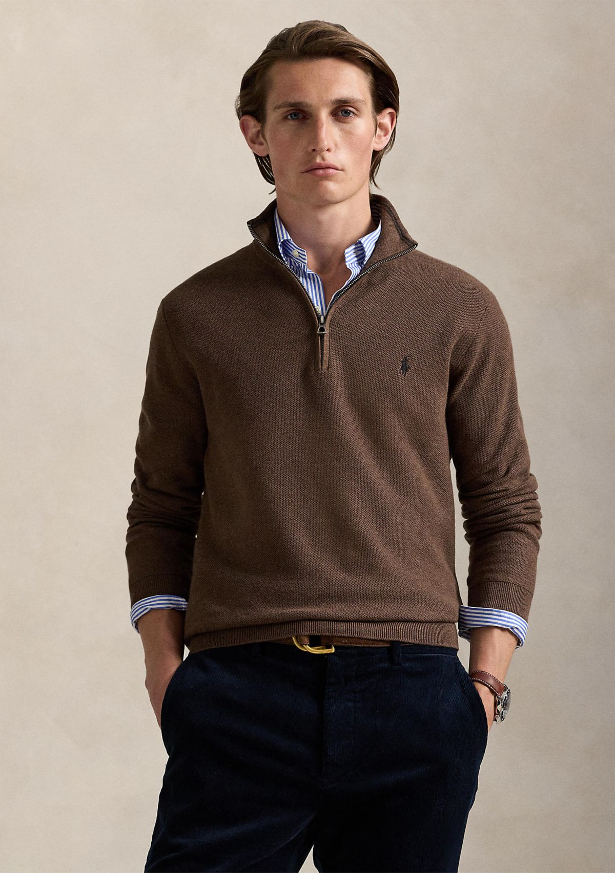 Mesh Knit Cotton Quarter Zip Sweater