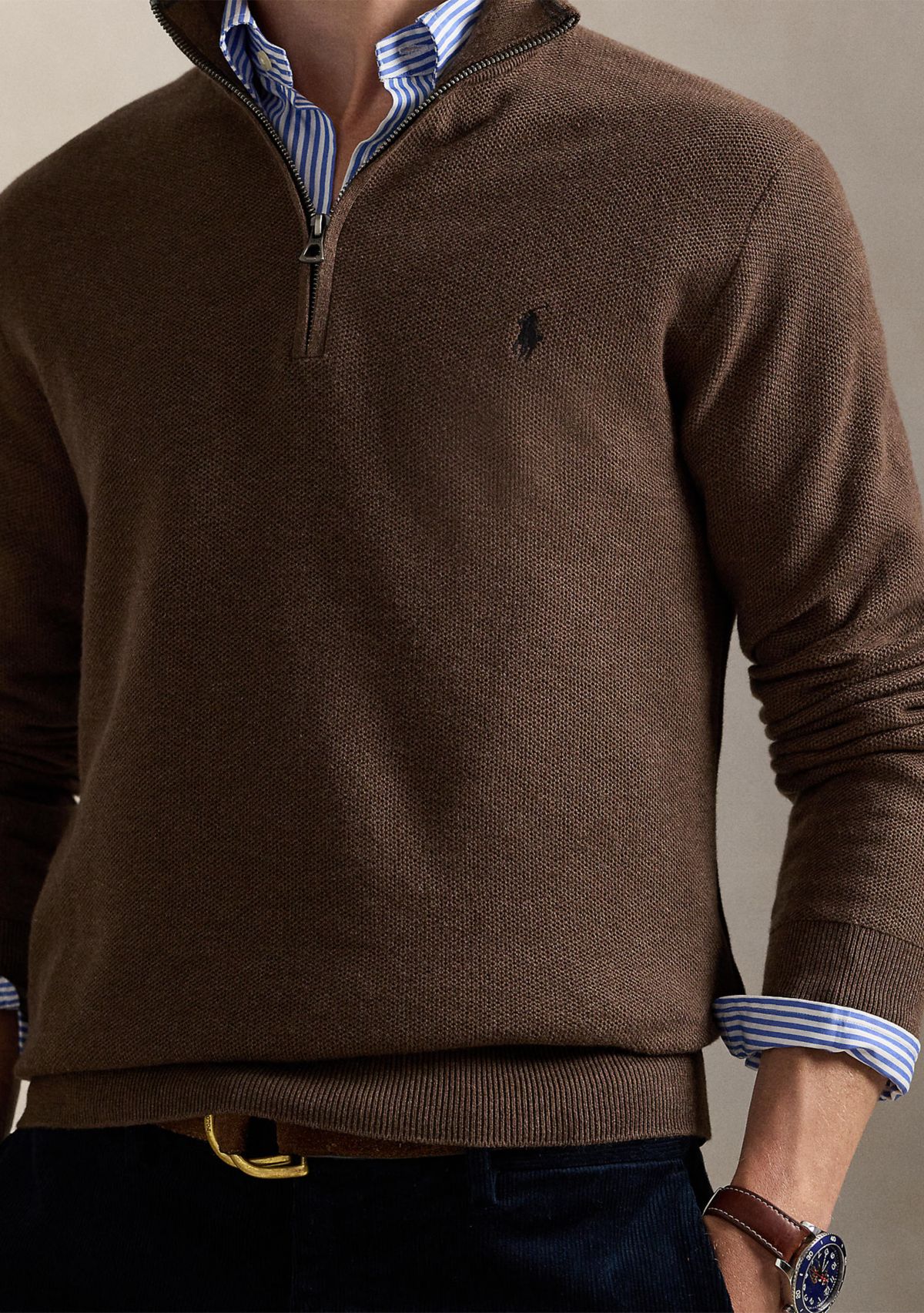 Mesh Knit Cotton Quarter Zip Sweater