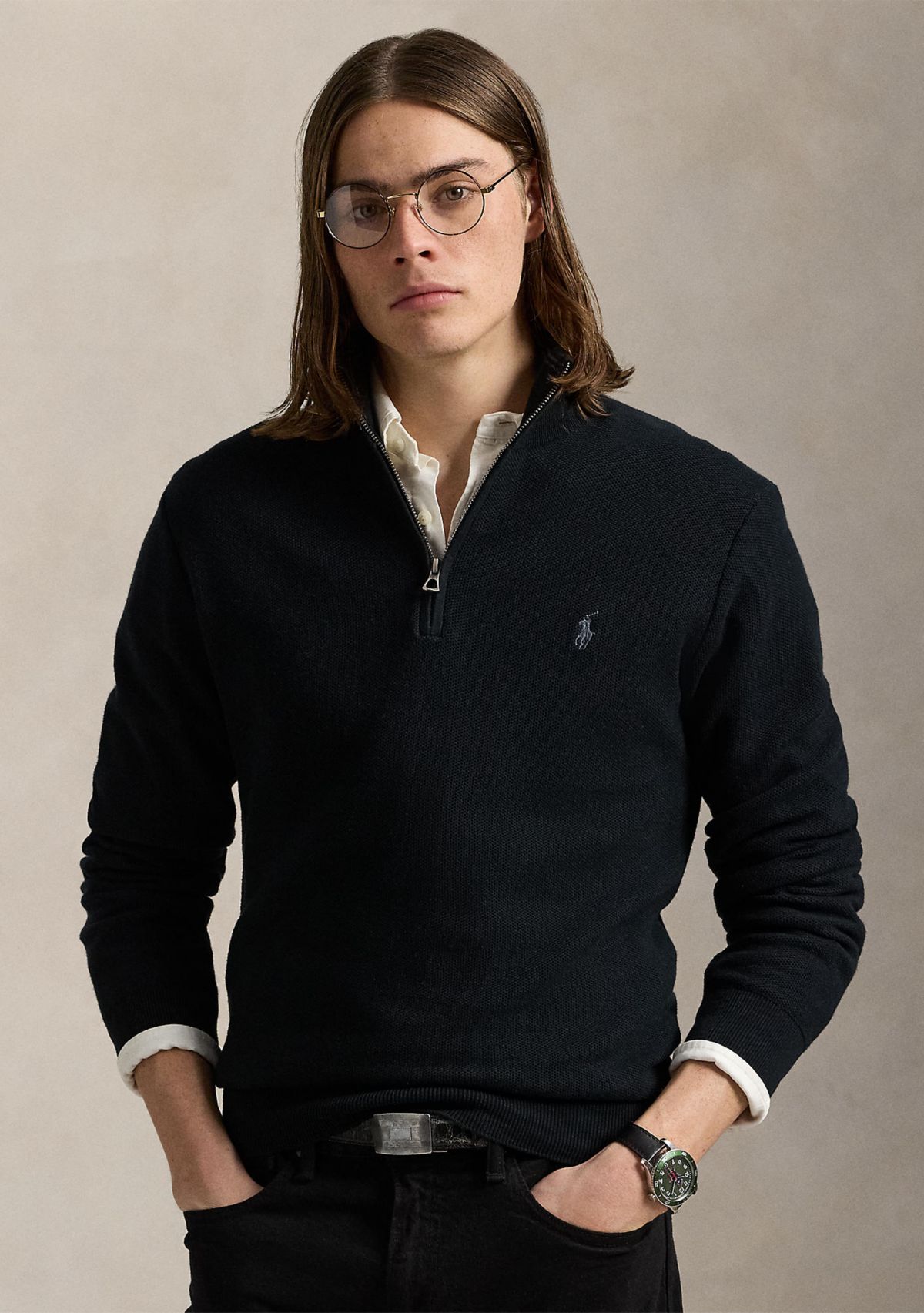 Mesh Knit Cotton Quarter Zip Sweater