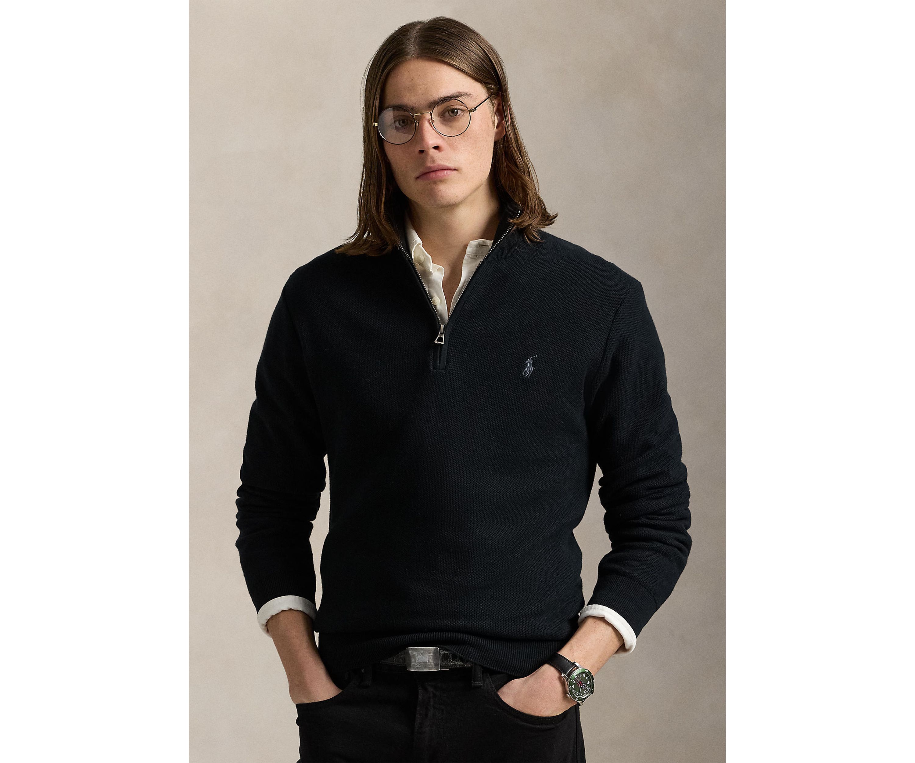 Mesh Knit Cotton Quarter Zip Sweater