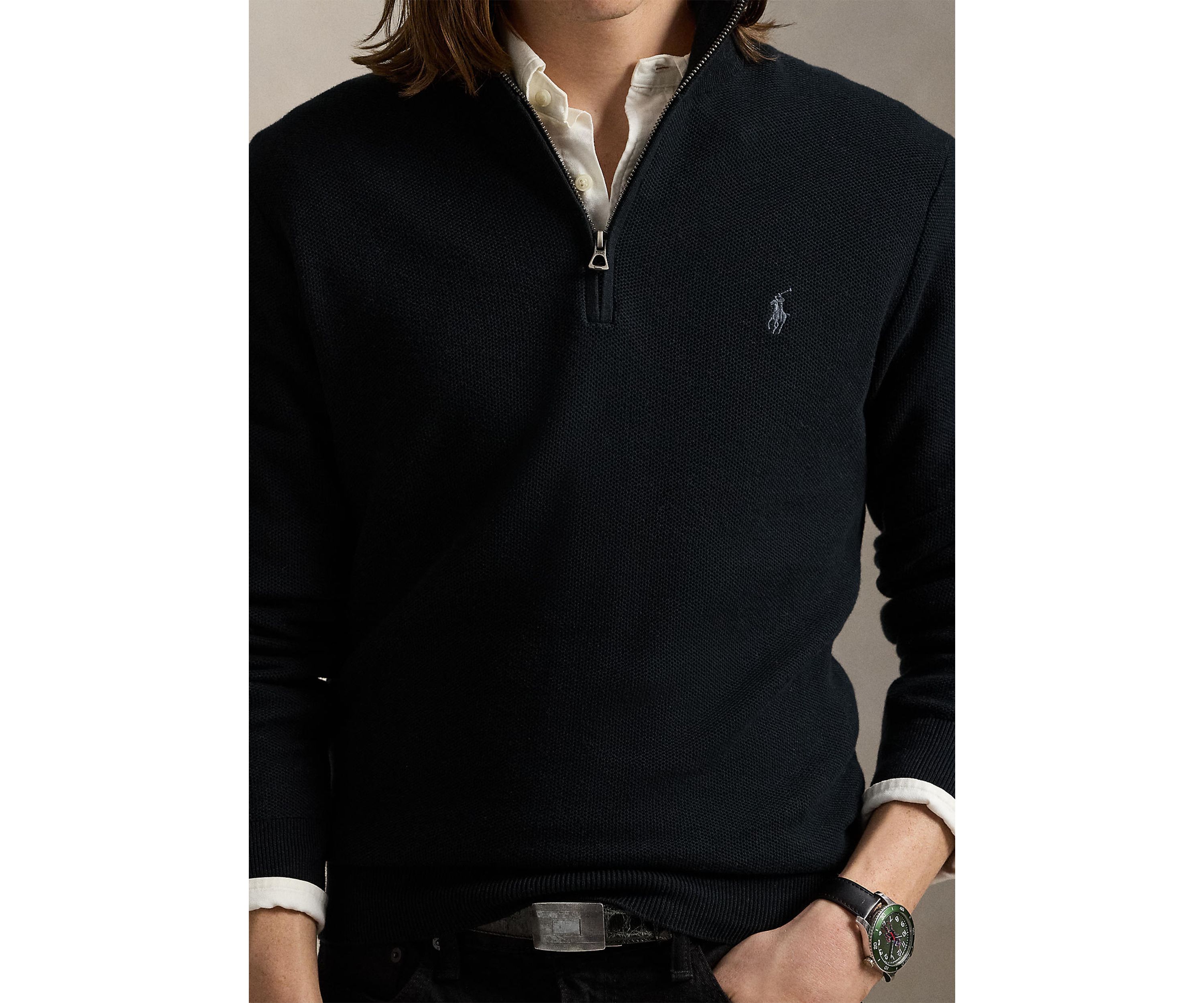 Mesh Knit Cotton Quarter Zip Sweater