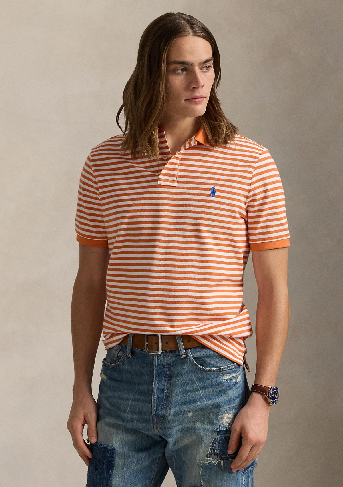 Classic Fit Striped Mesh Polo Shirt