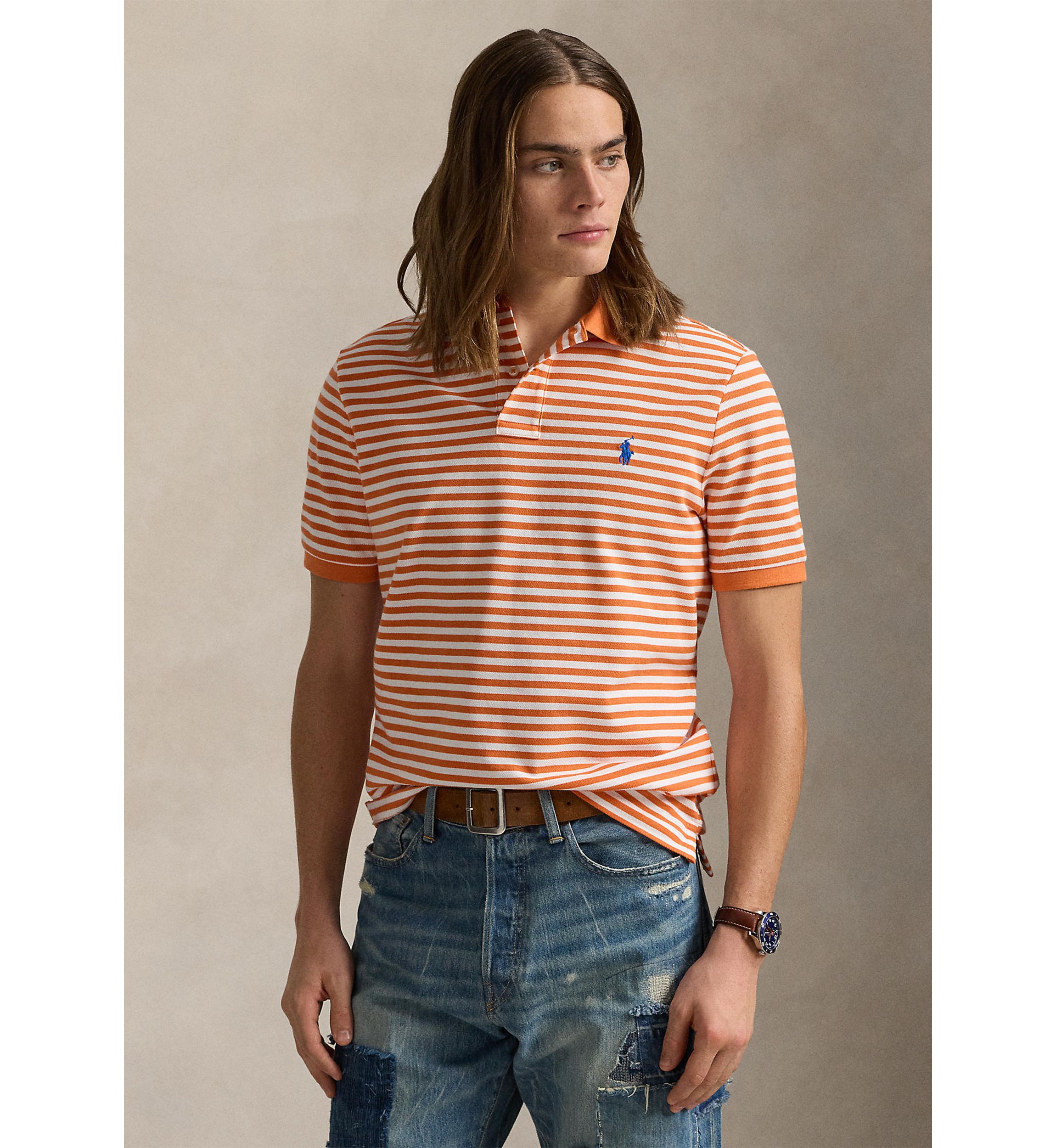 Classic Fit Striped Mesh Polo Shirt