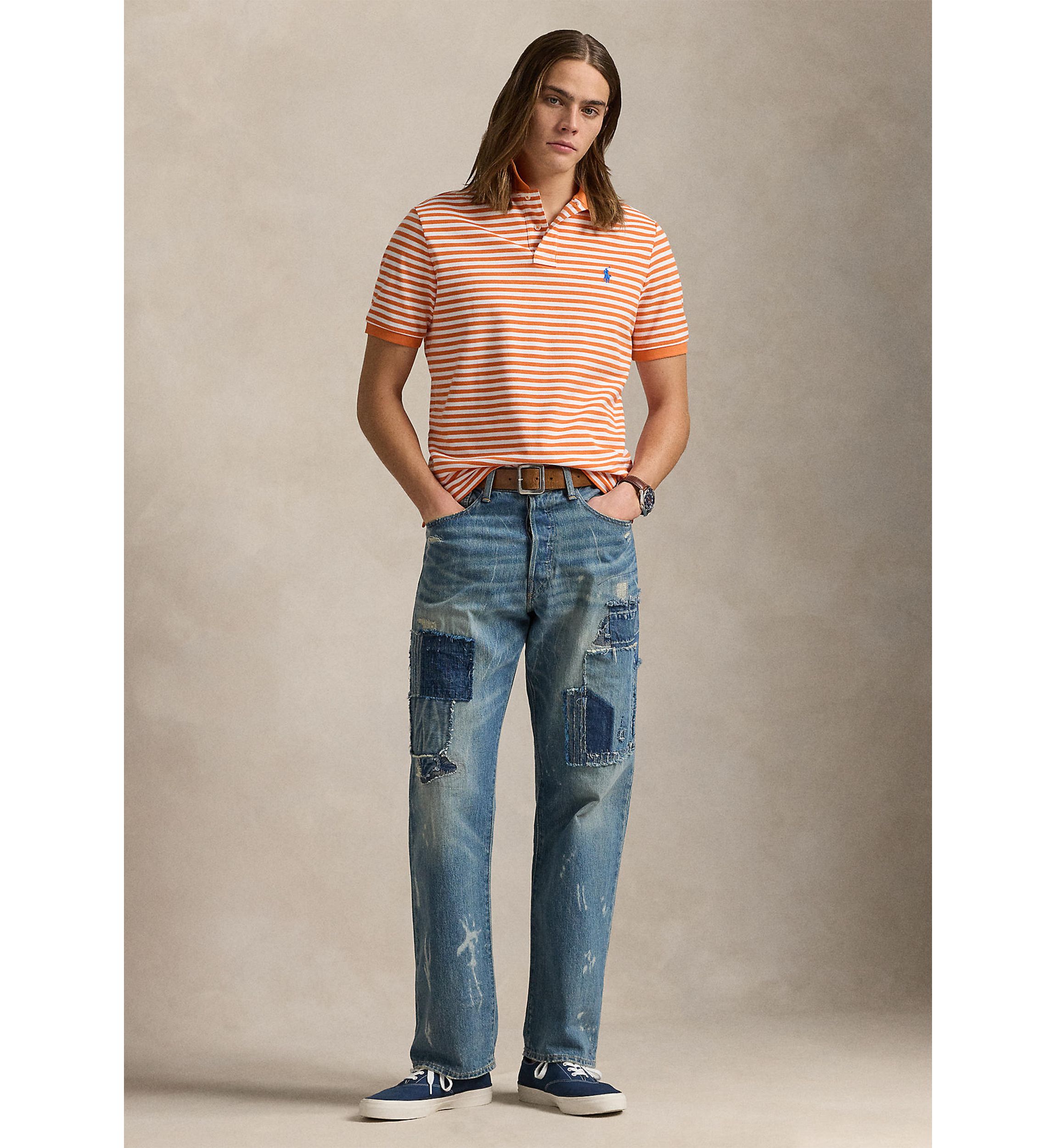 Classic Fit Striped Mesh Polo Shirt