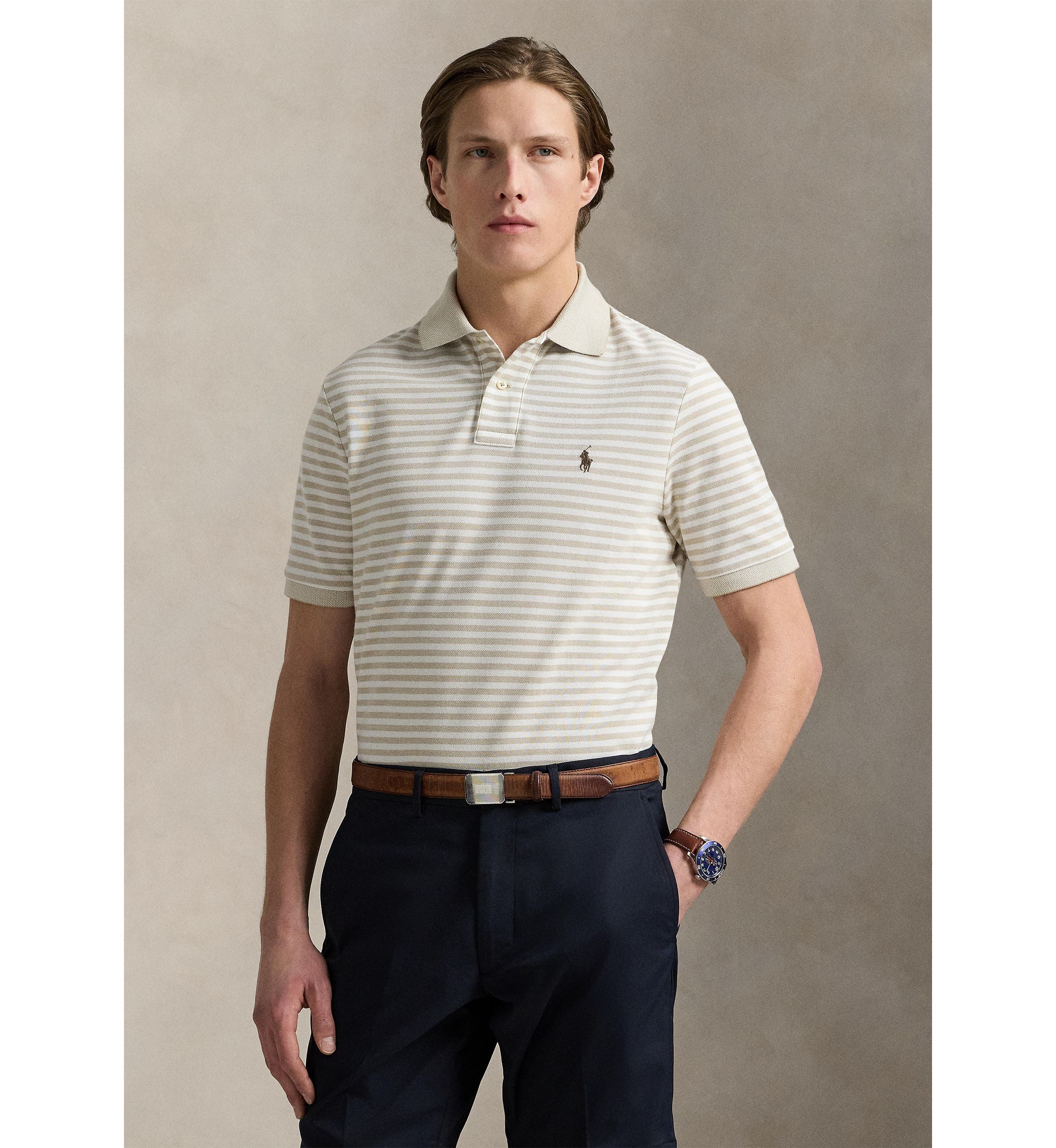Classic Fit Striped Mesh Polo Shirt