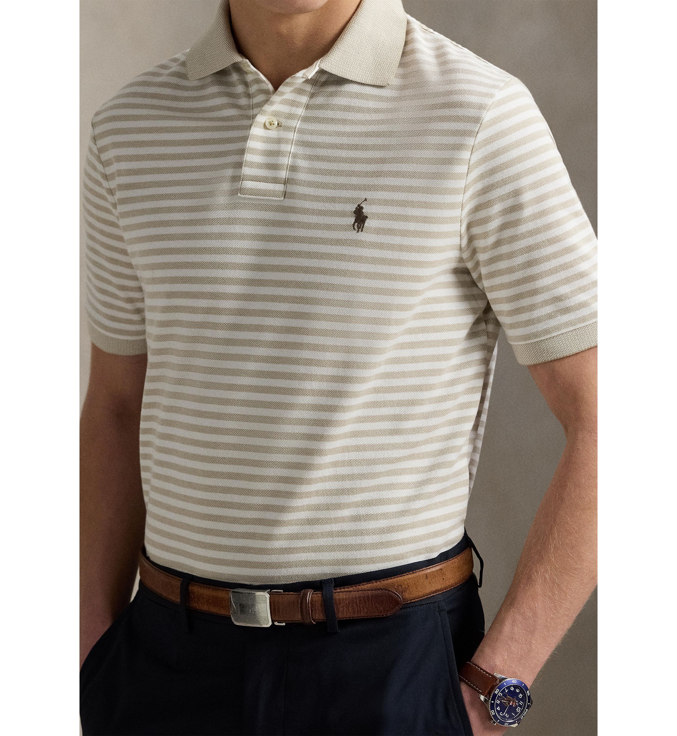 Classic Fit Striped Mesh Polo Shirt