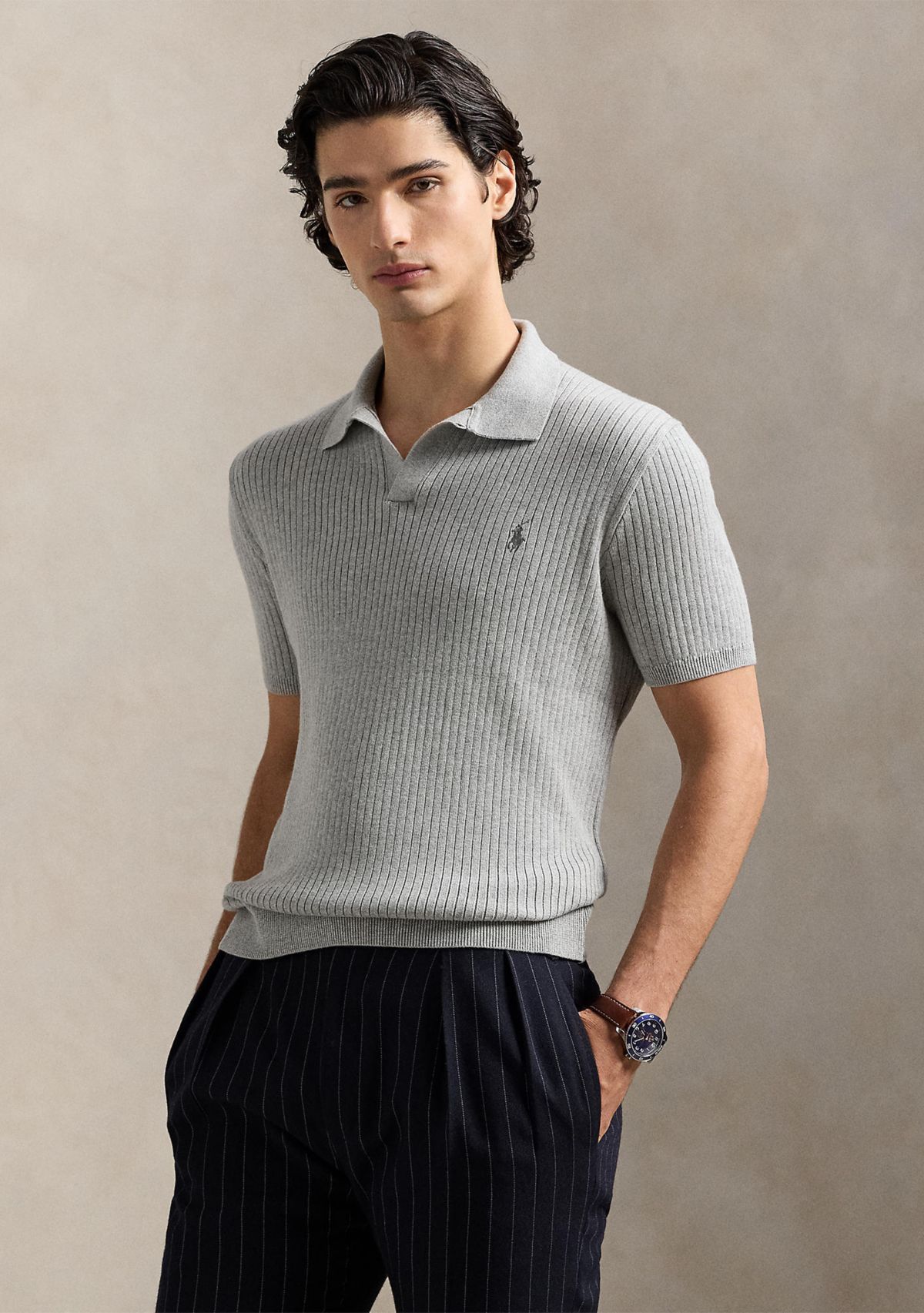 Rib-Knit Cotton Polo-Collar Sweater