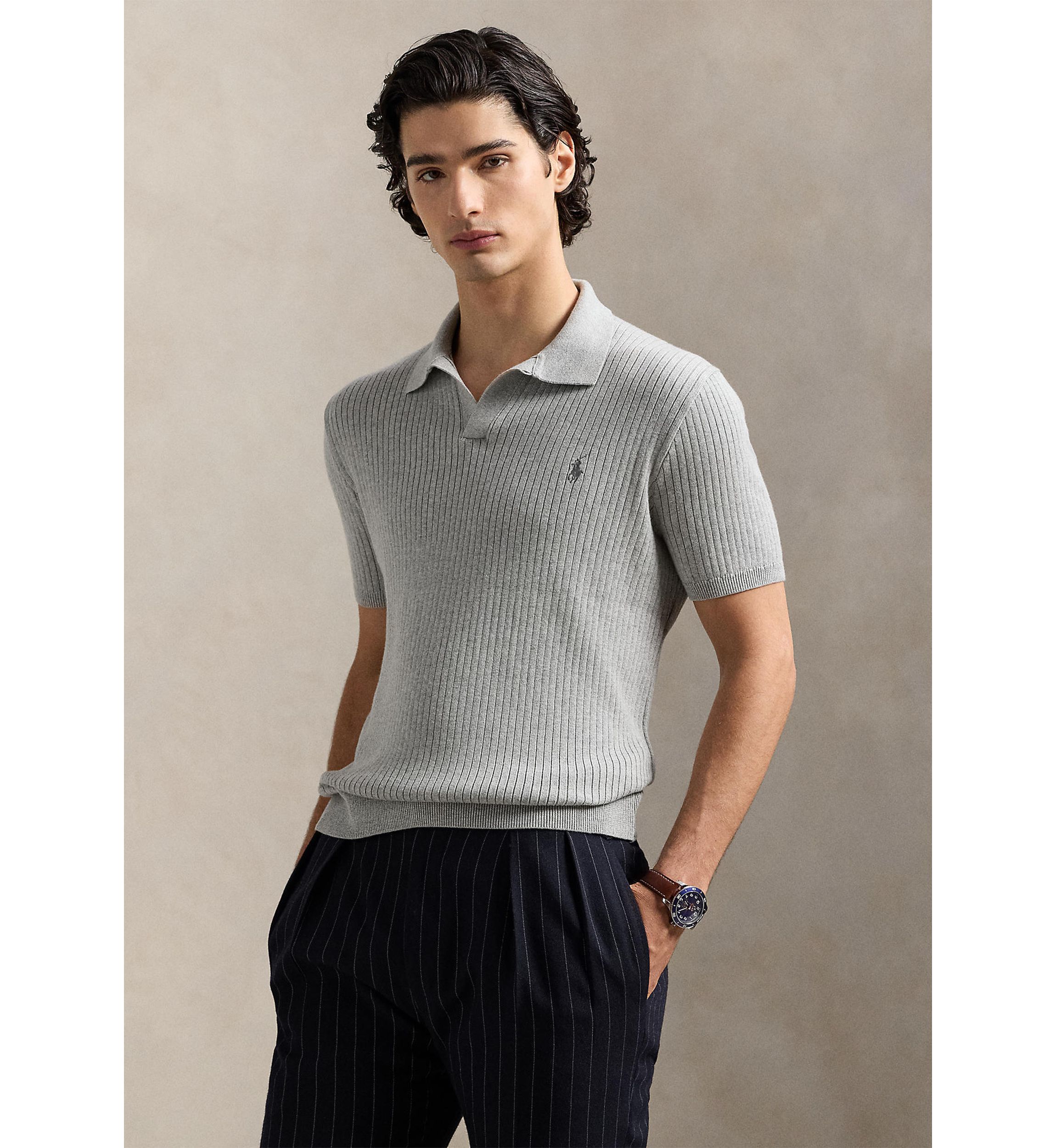 Rib-Knit Cotton Polo-Collar Sweater