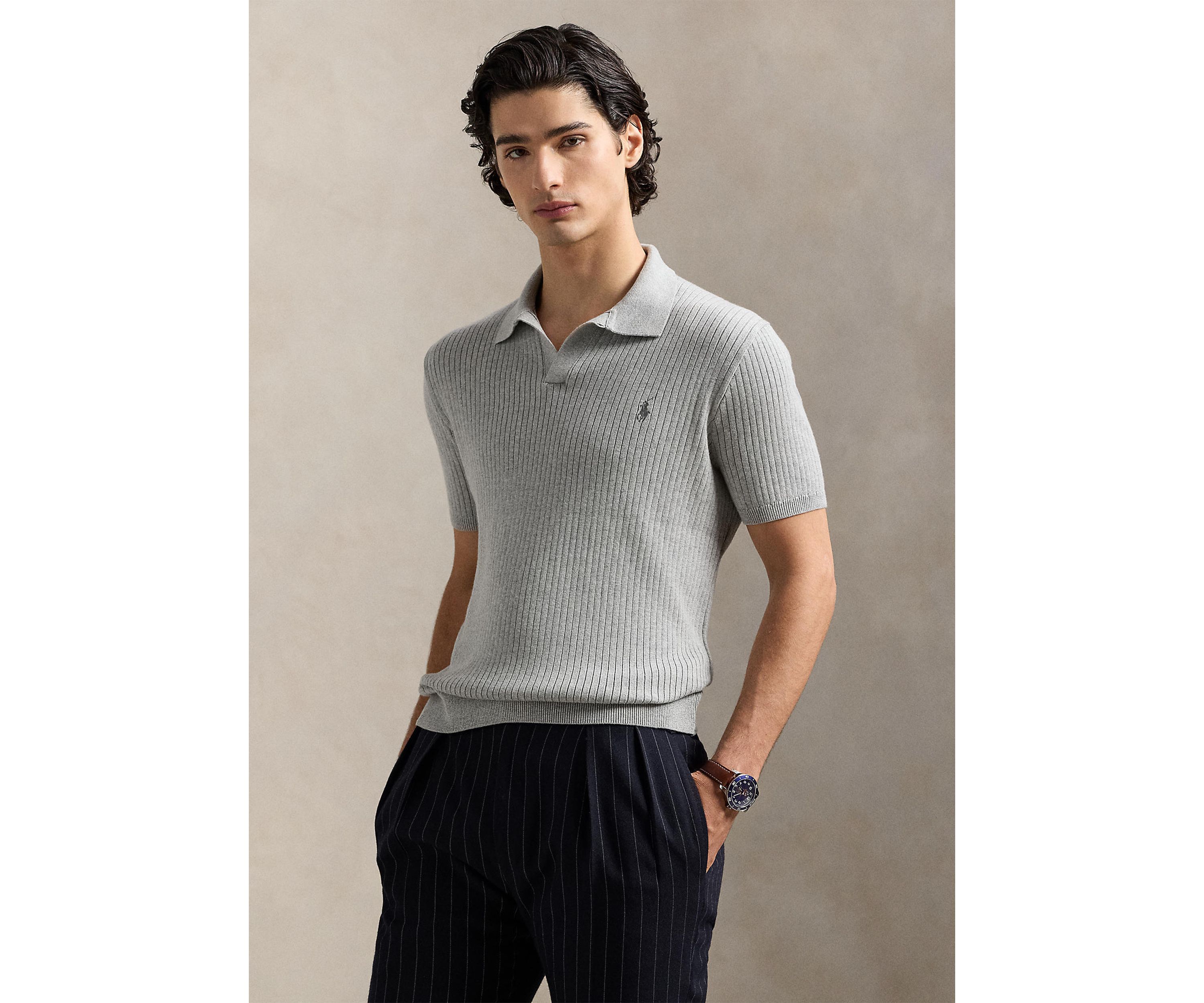 Rib-Knit Cotton Polo-Collar Sweater