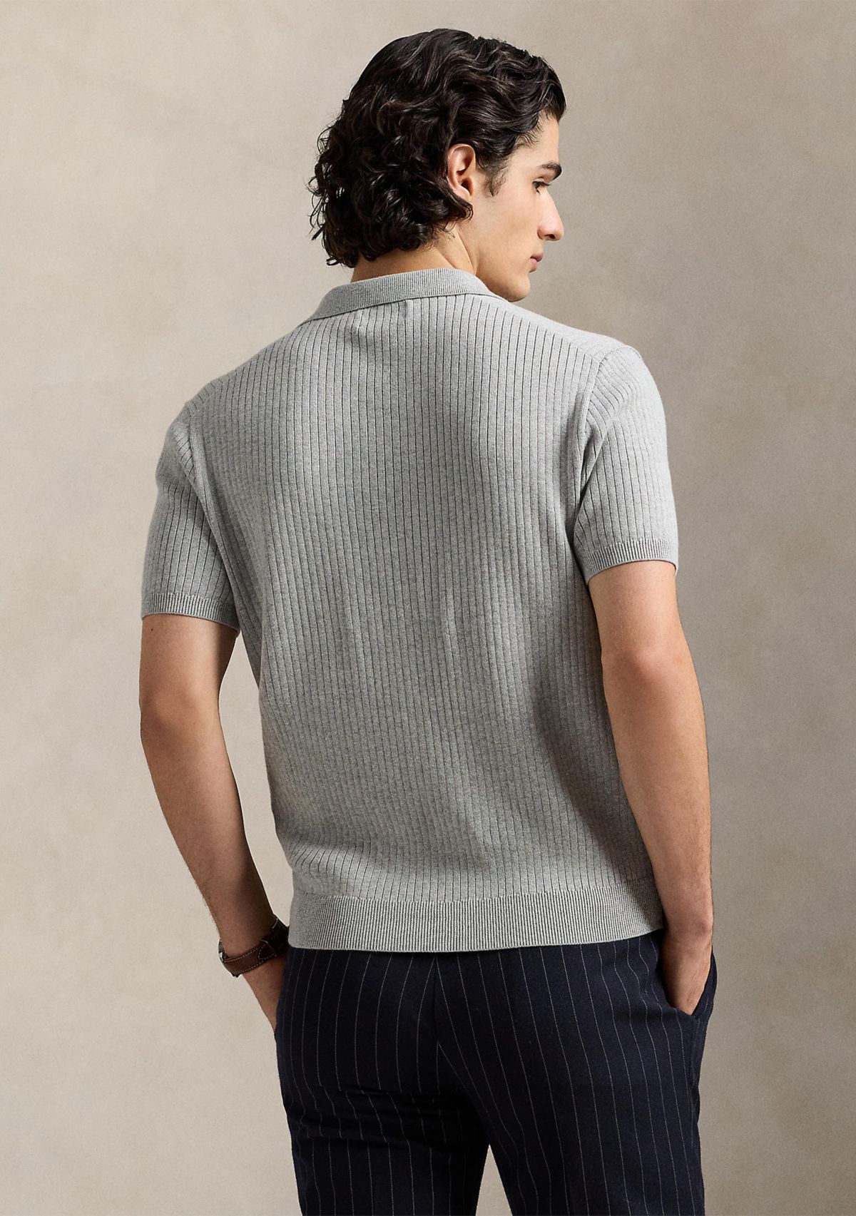 Rib-Knit Cotton Polo-Collar Sweater