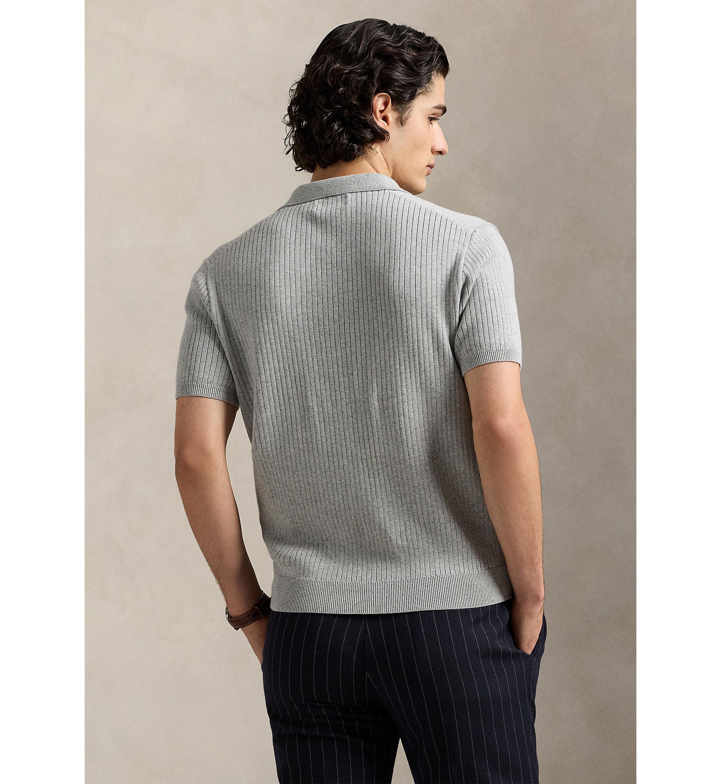 Rib-Knit Cotton Polo-Collar Sweater
