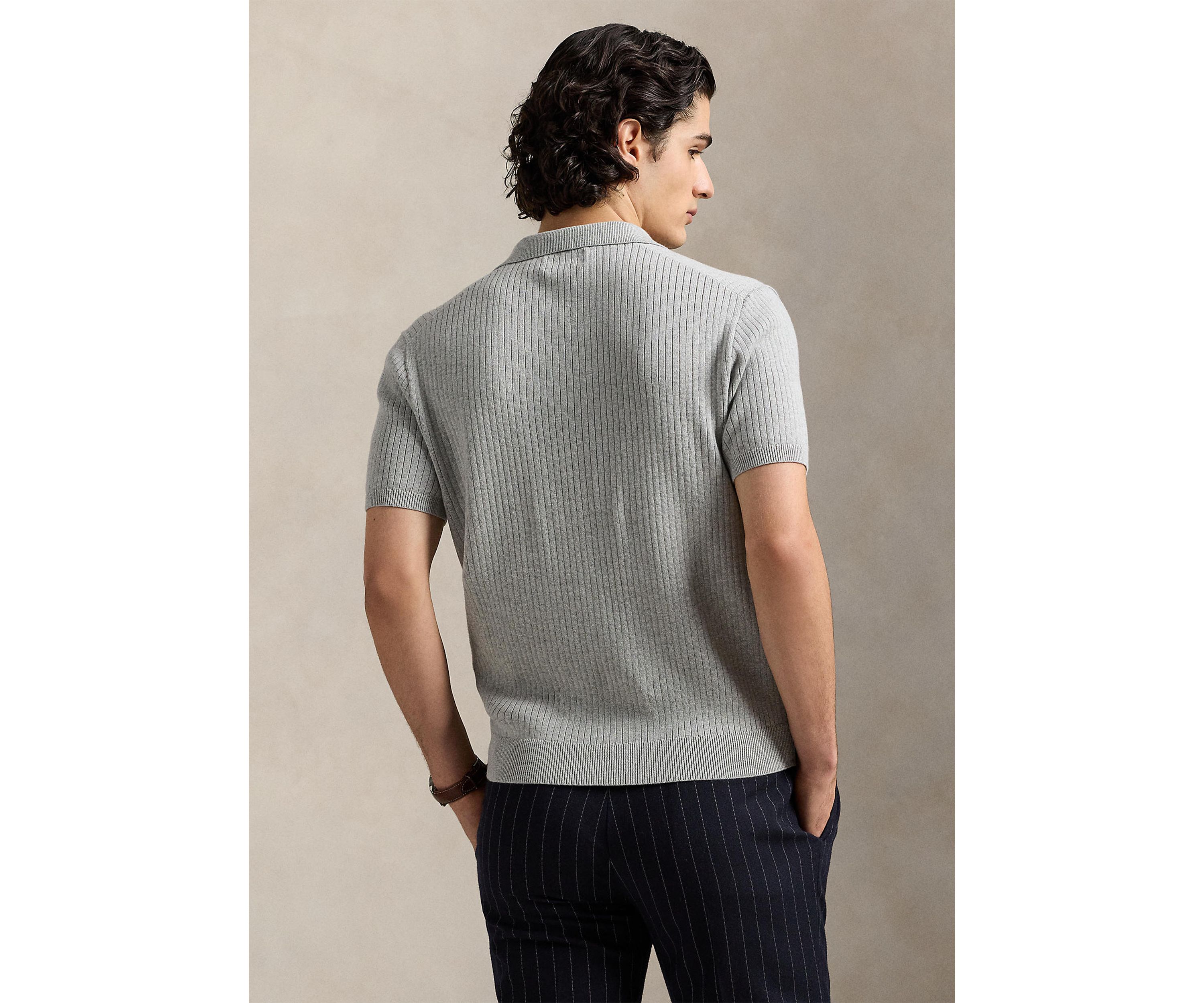 Rib-Knit Cotton Polo-Collar Sweater
