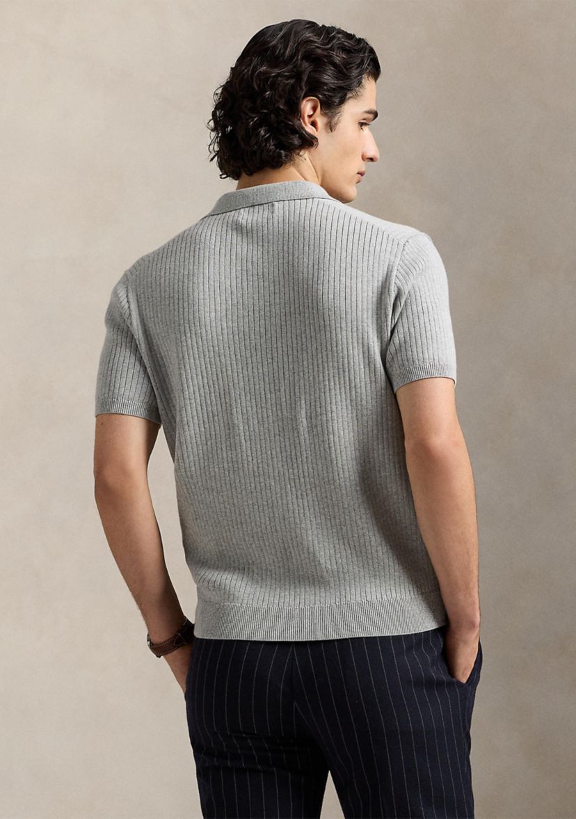 Rib-Knit Cotton Polo-Collar Sweater