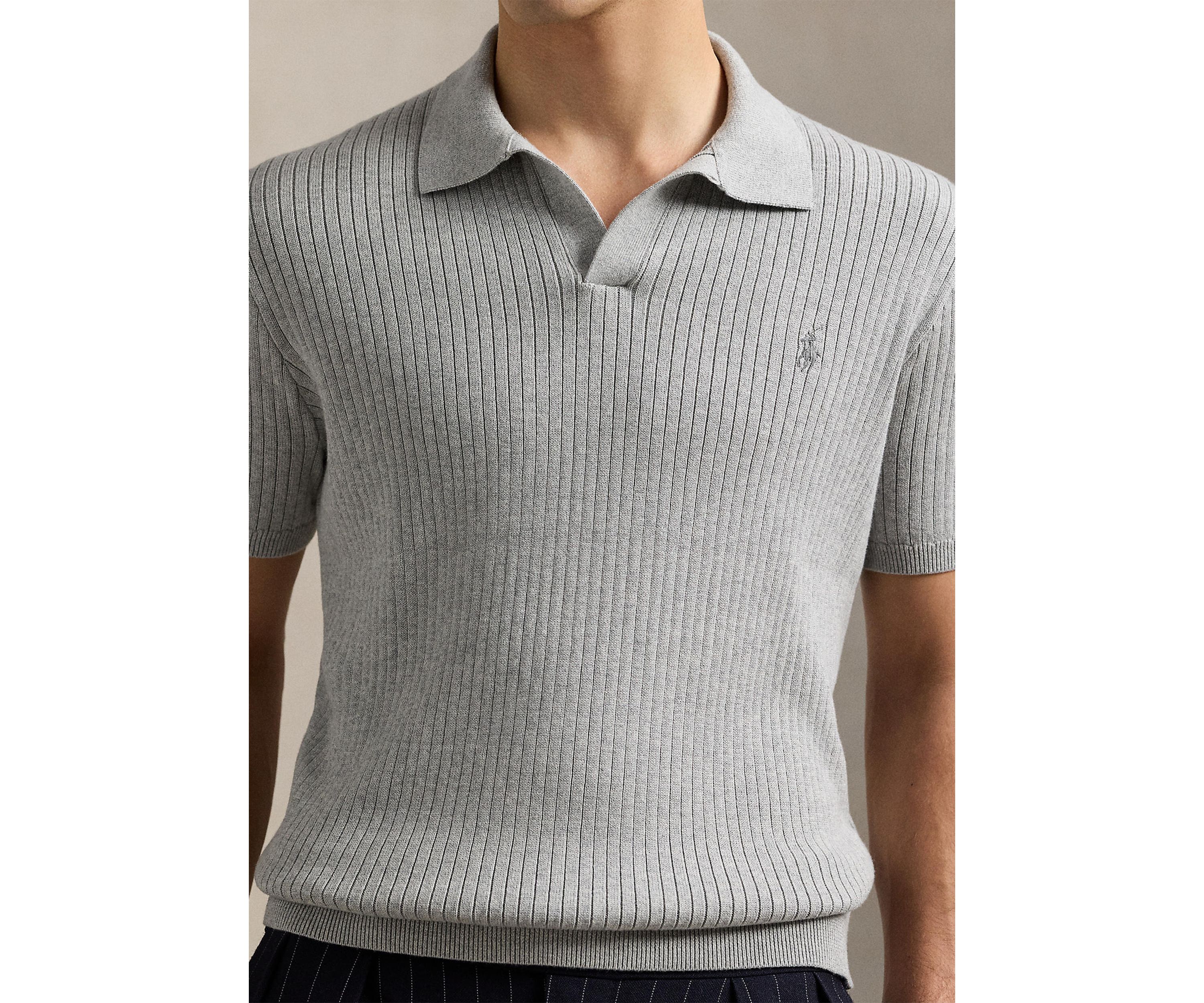 Rib-Knit Cotton Polo-Collar Sweater