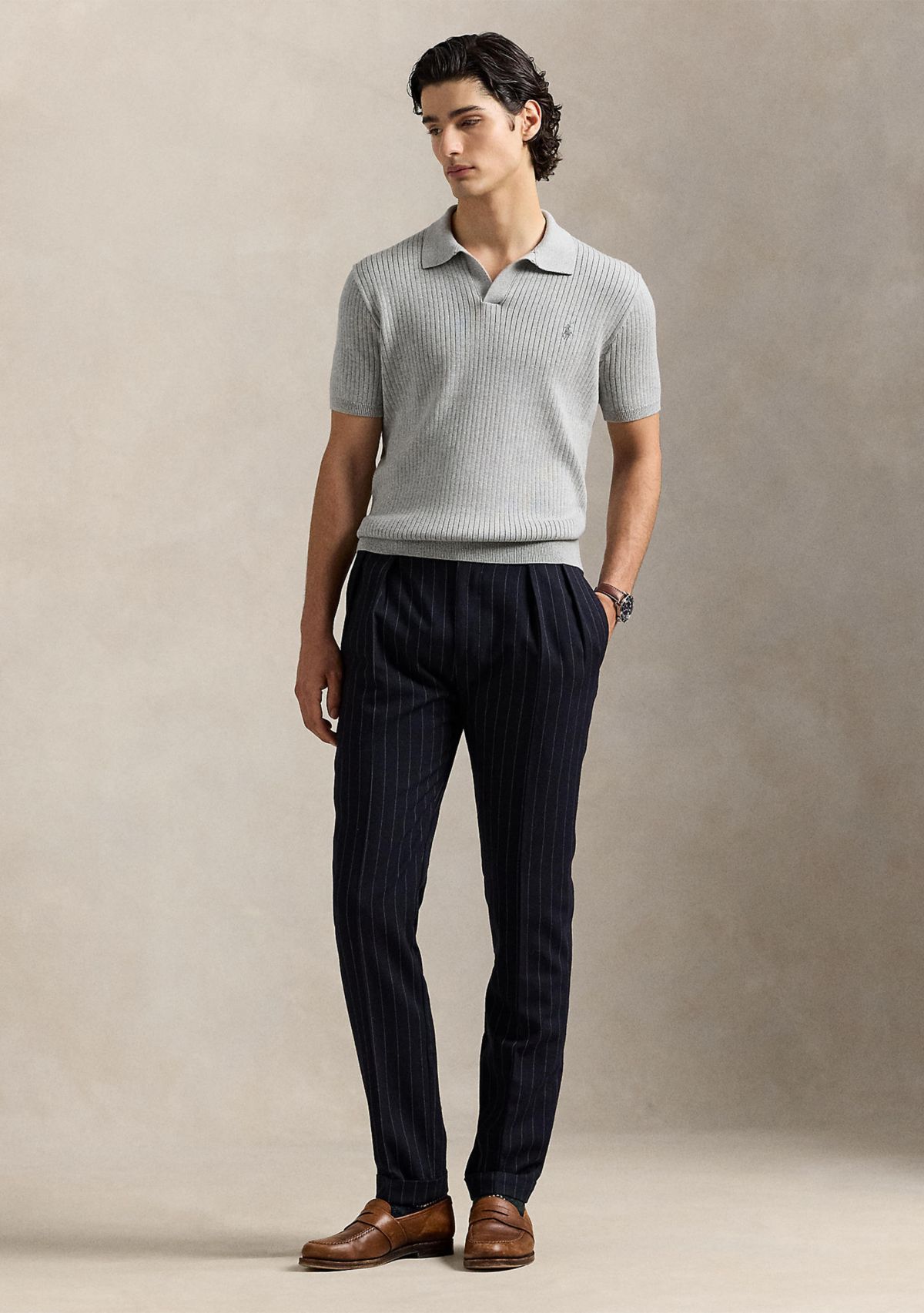 Rib-Knit Cotton Polo-Collar Sweater