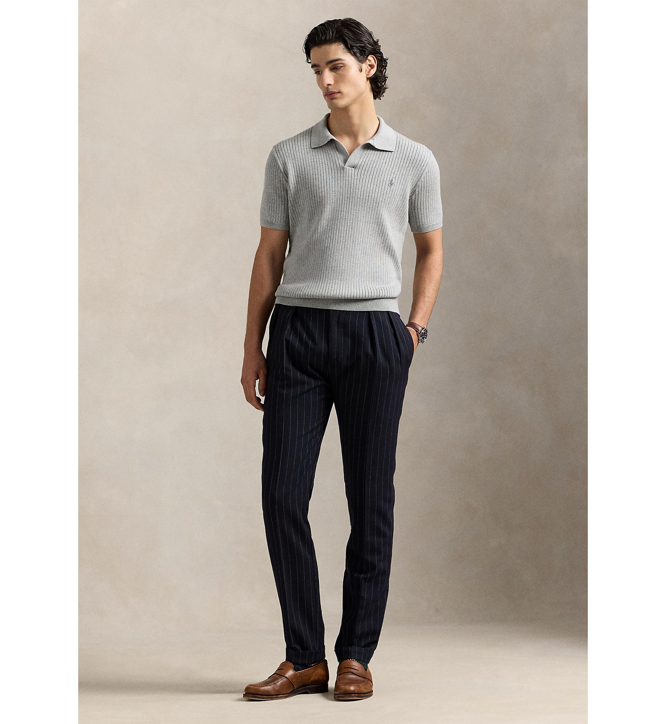 Rib-Knit Cotton Polo-Collar Sweater