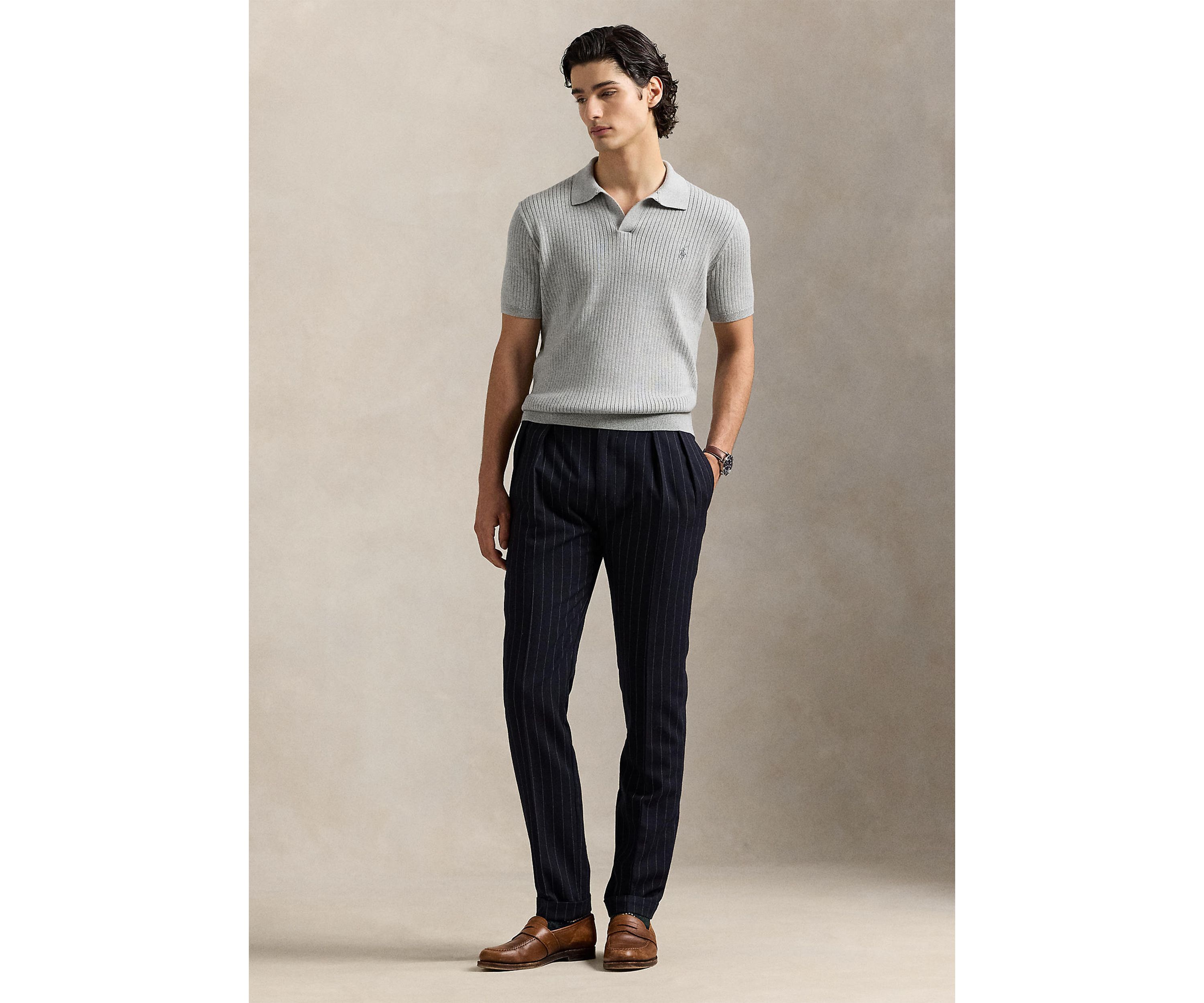 Rib-Knit Cotton Polo-Collar Sweater