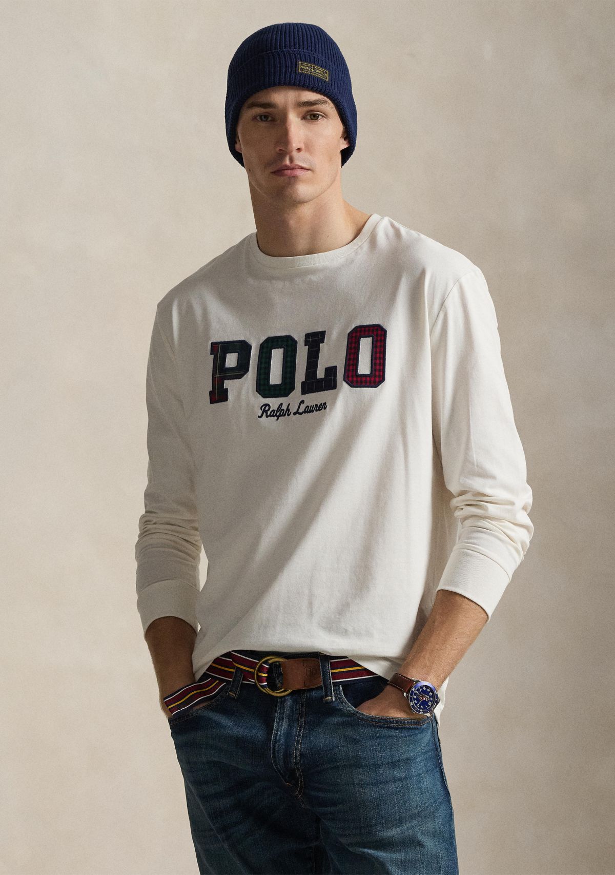 Mens Classic Fit Plaid-Logo Jersey T-Shirt