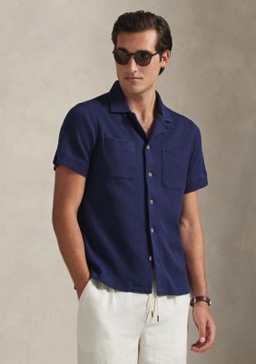 Polo Ralph Lauren Men's Waffle-Knit Cotton-Linen Camp Shirt, Navy Blue, XL
