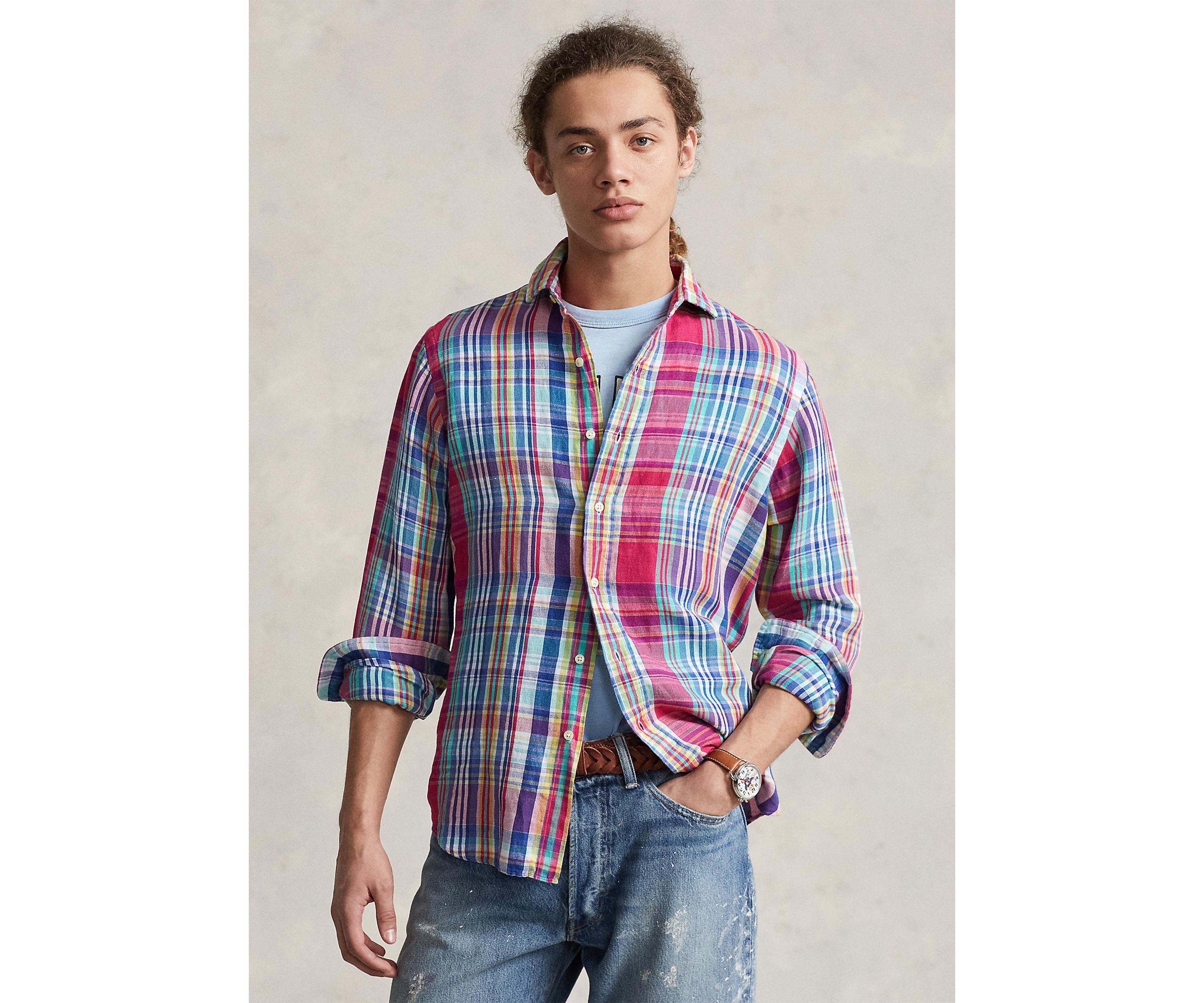 Classic Fit Plaid Linen-Cotton Shirt 