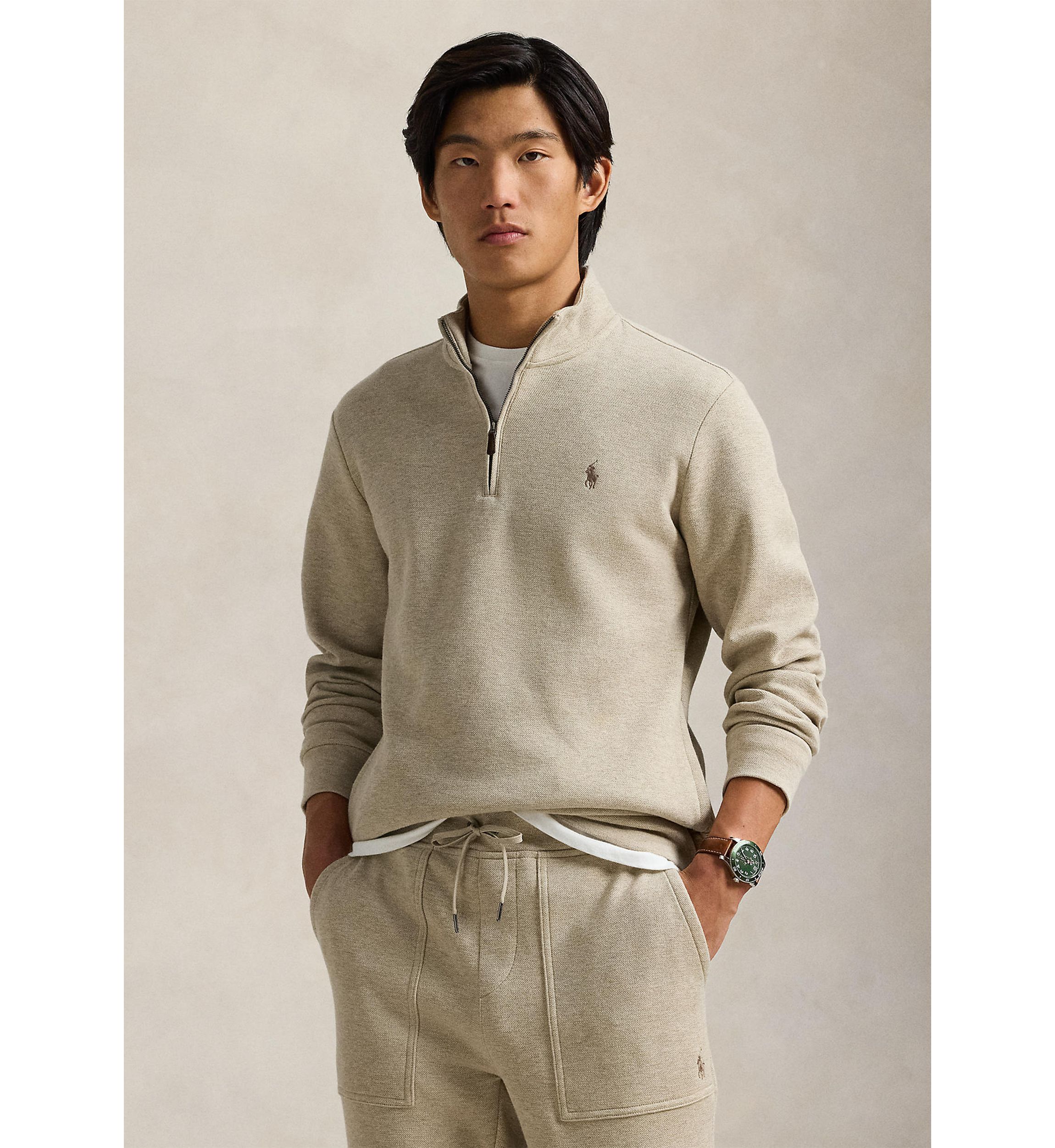 Double Knit Mesh Quarter Zip Pullover Sweatshirt