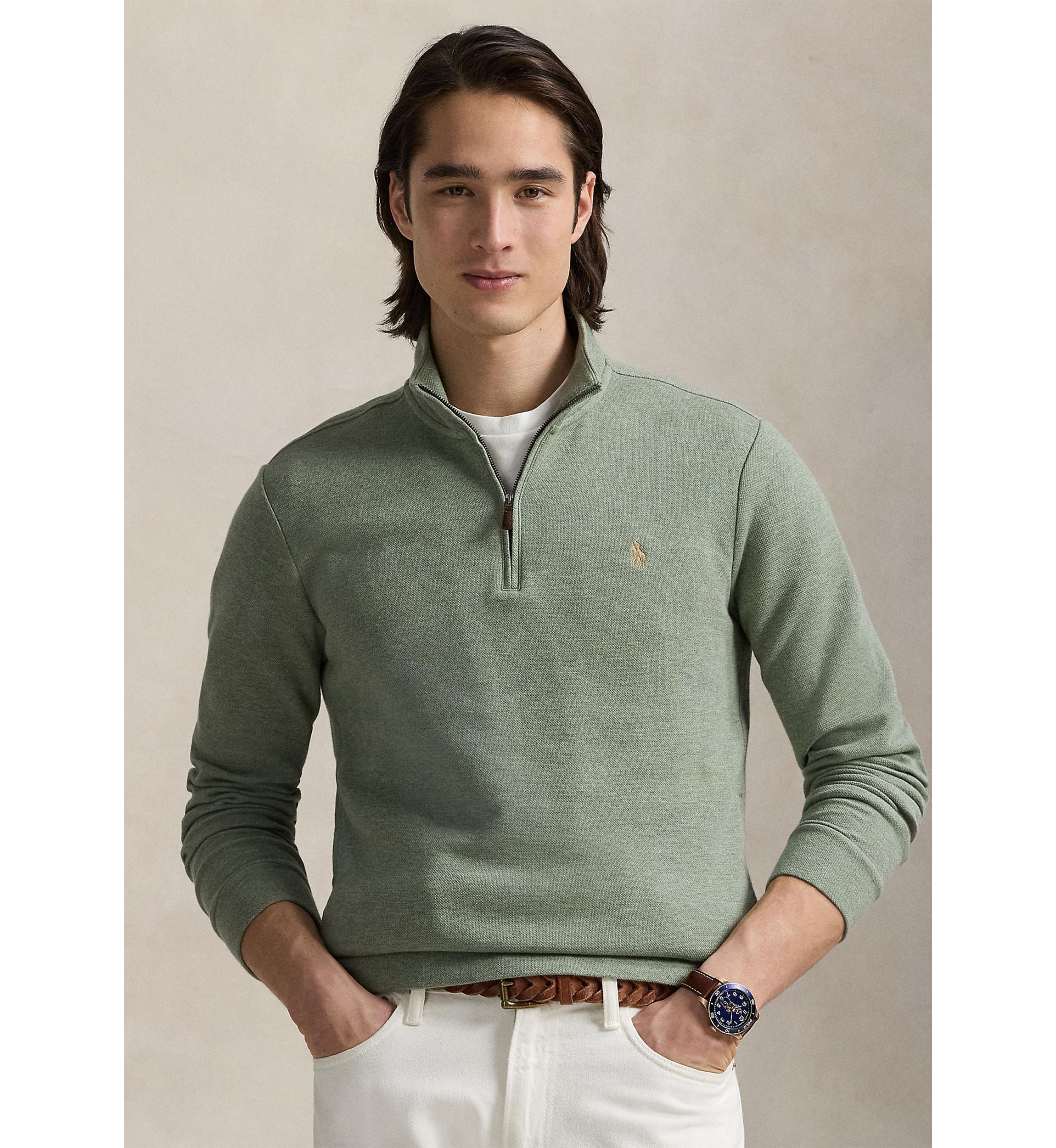 Double Knit Mesh Quarter Zip Pullover Sweater