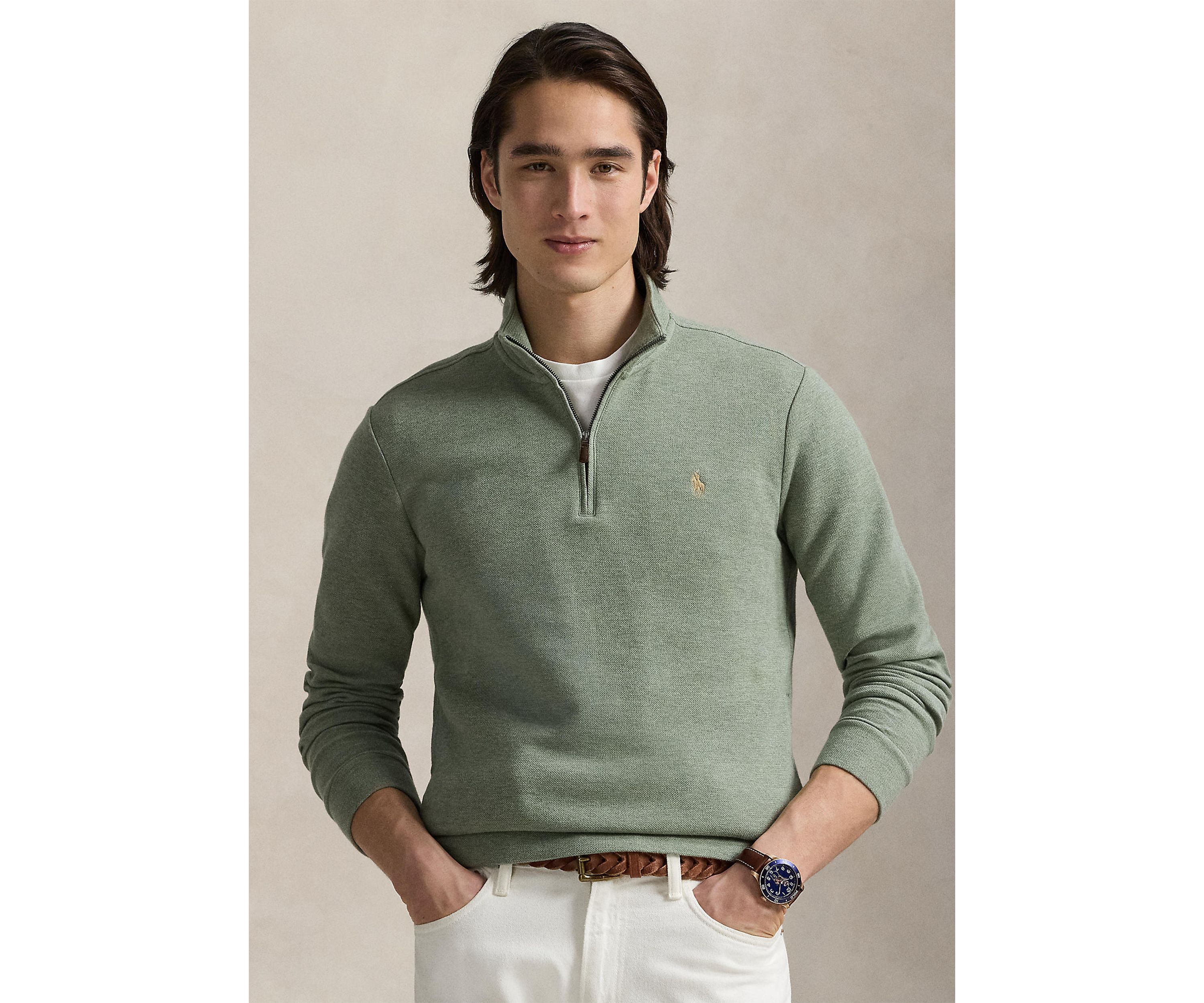 Double Knit Mesh Quarter Zip Pullover Sweater