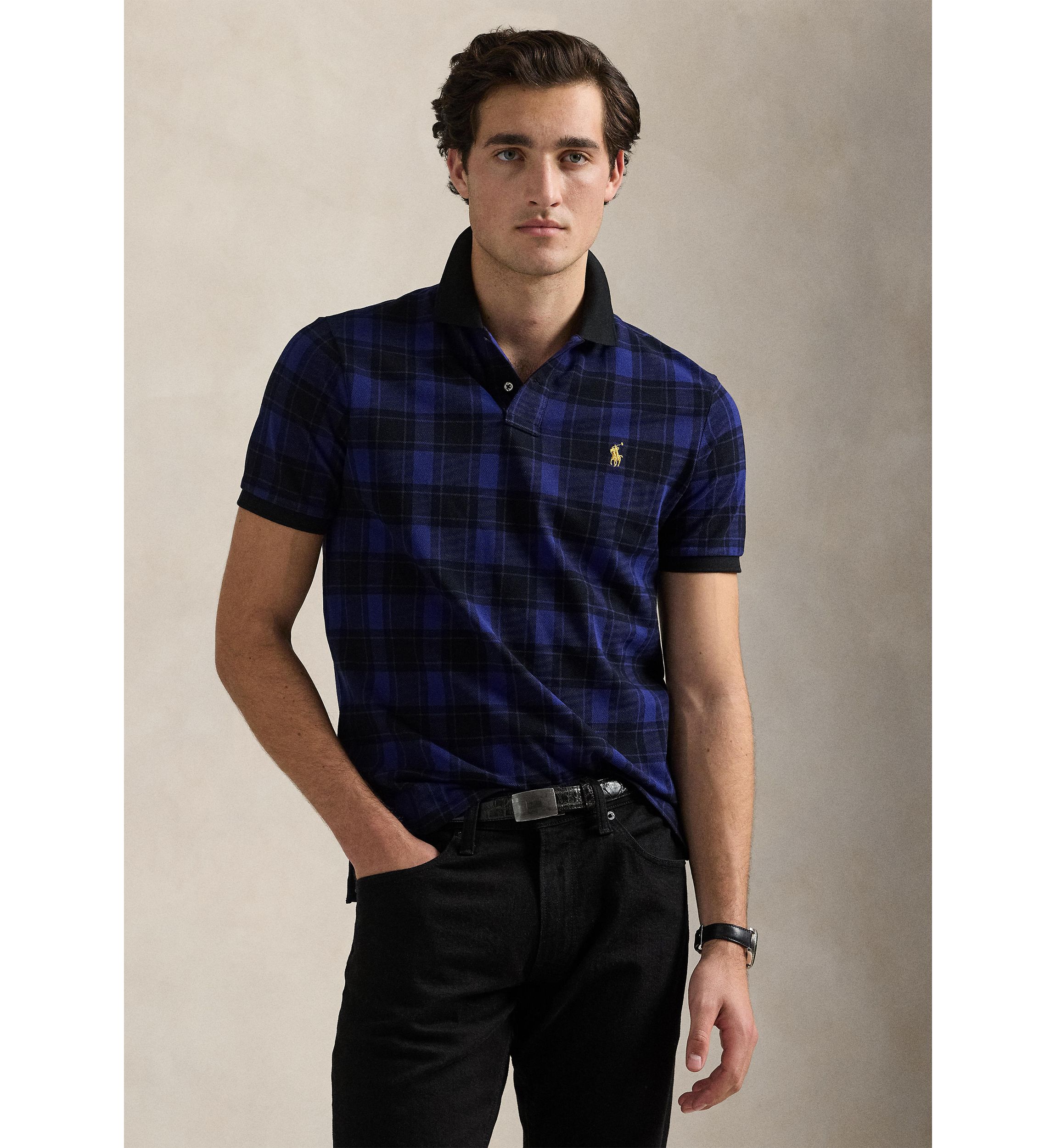 Custom Slim Fit Plaid Mesh Polo Shirt