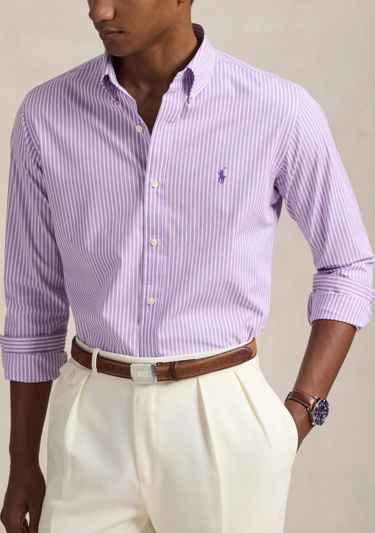 Classic Fit Striped Stretch Poplin Shirt