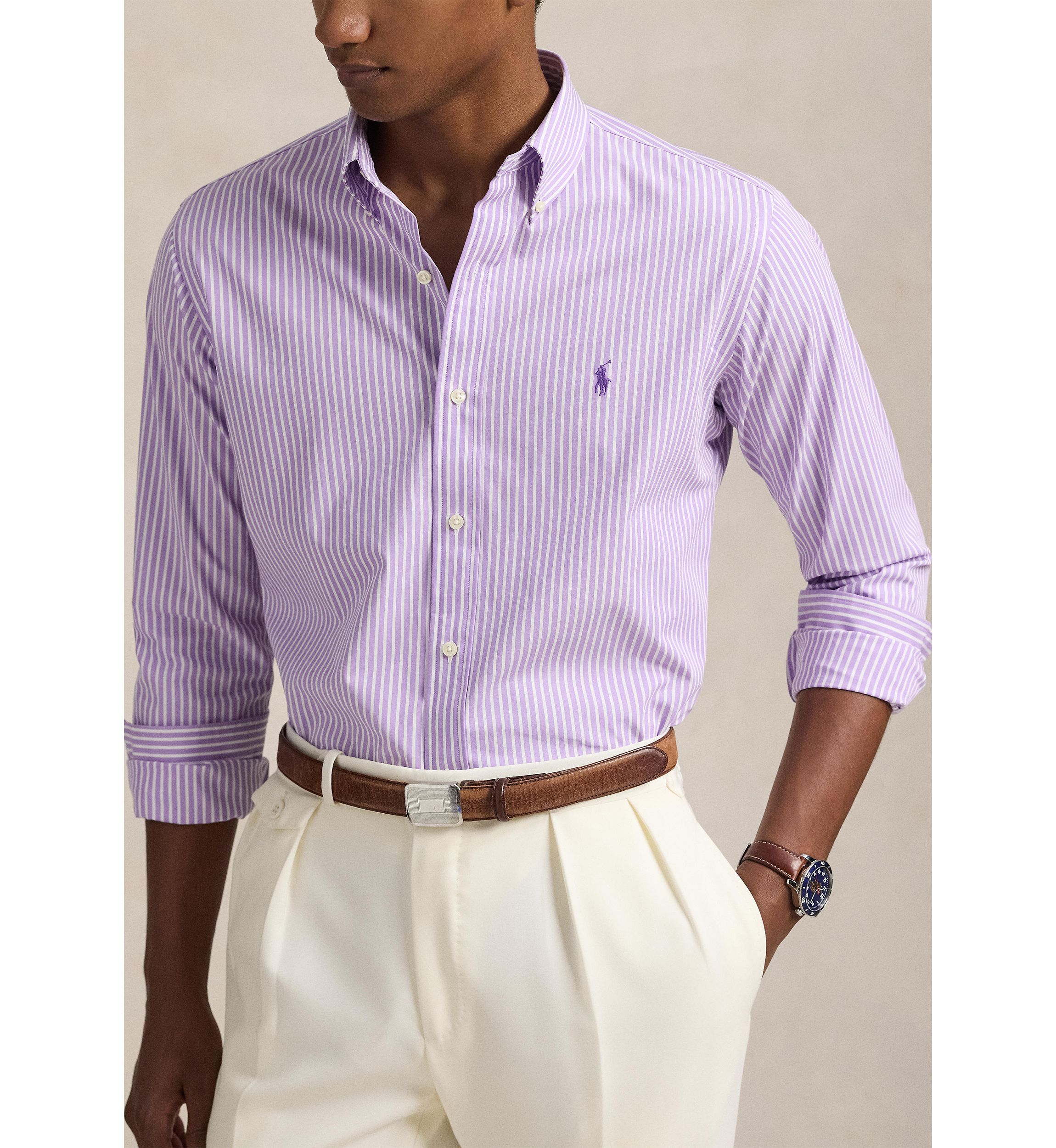 Classic Fit Striped Stretch Poplin Shirt