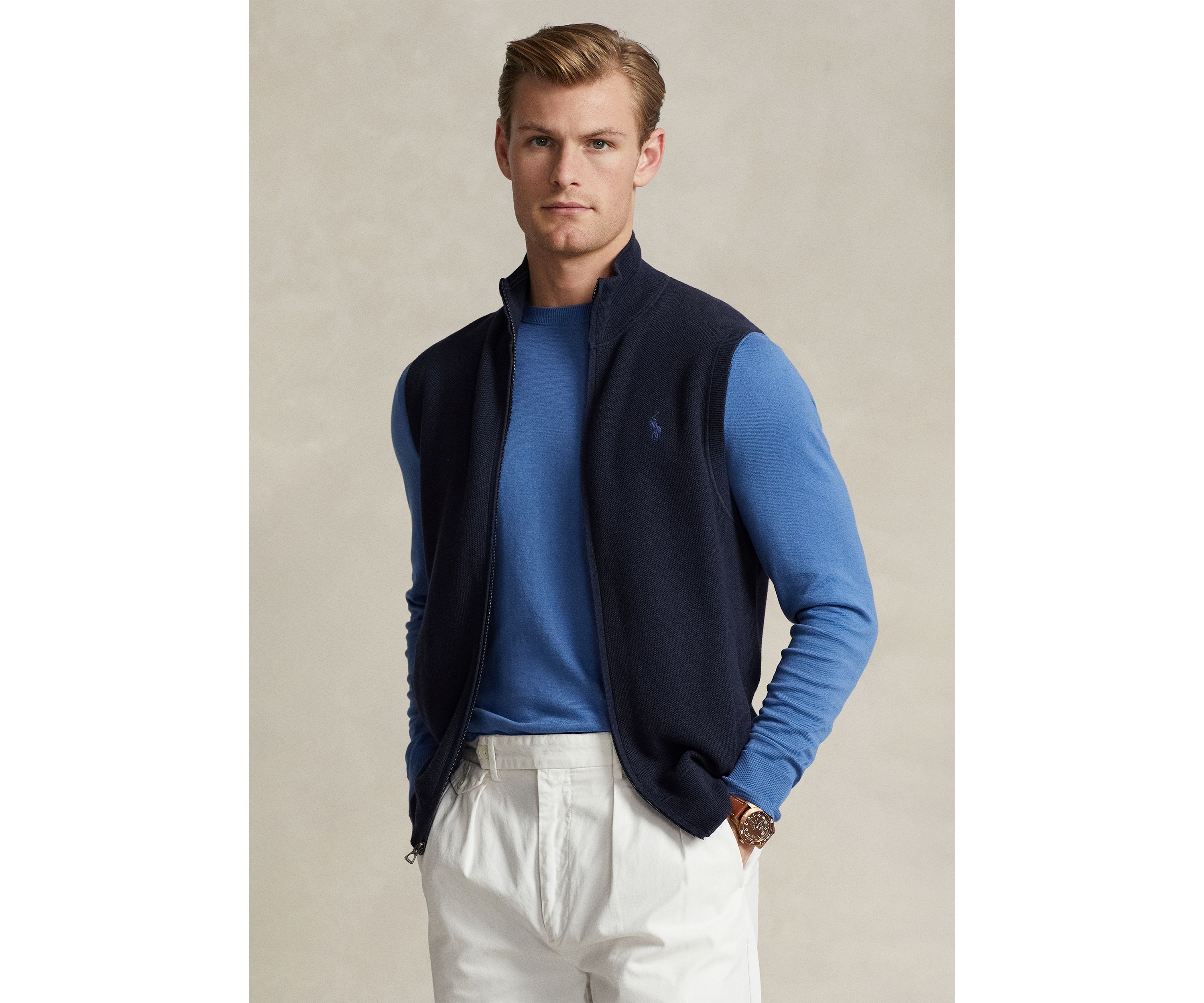 Mesh-Knit Cotton Full-Zip Sweater Vest