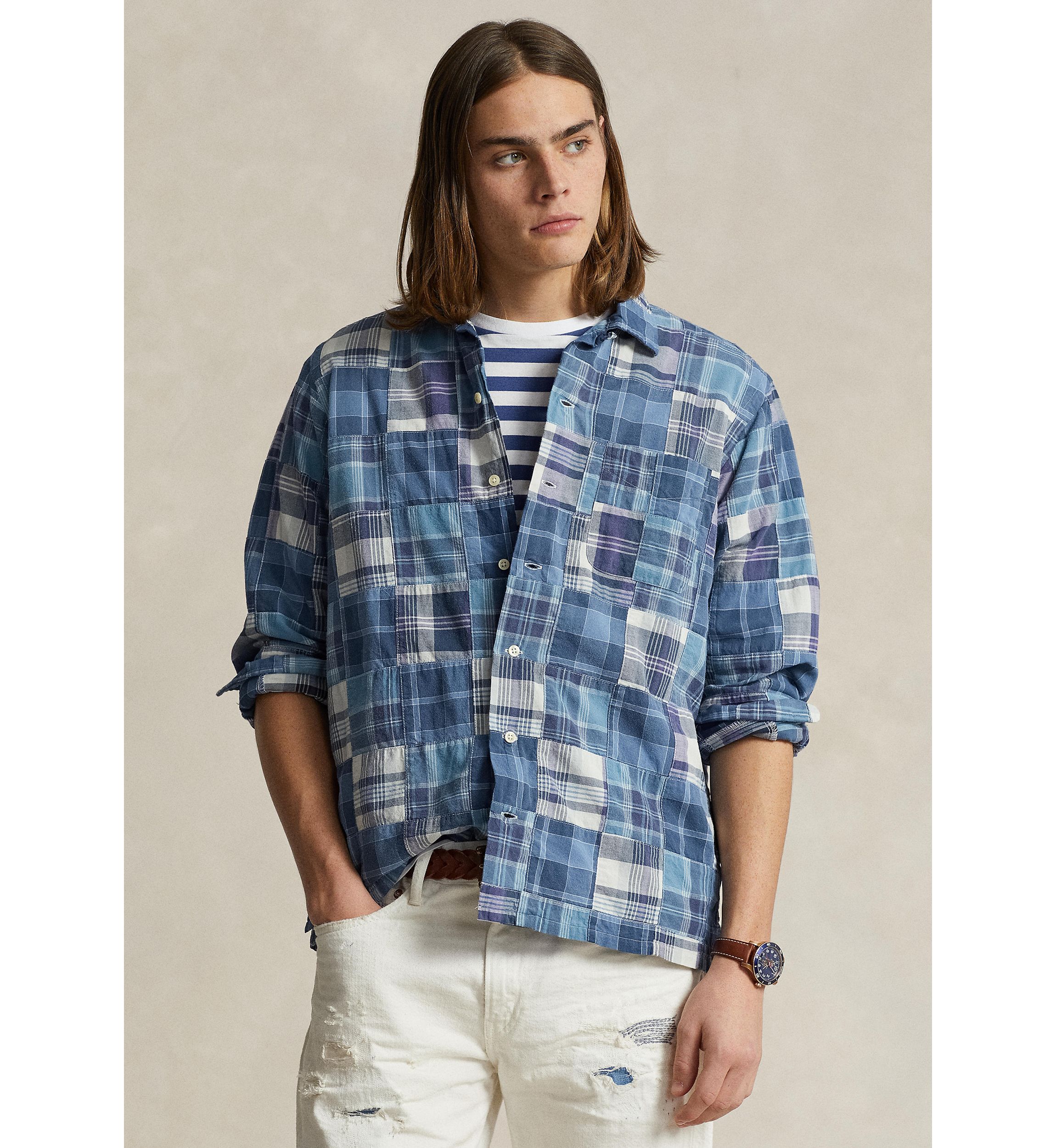 Classic Fit Patchwork Madras Camp Shirt