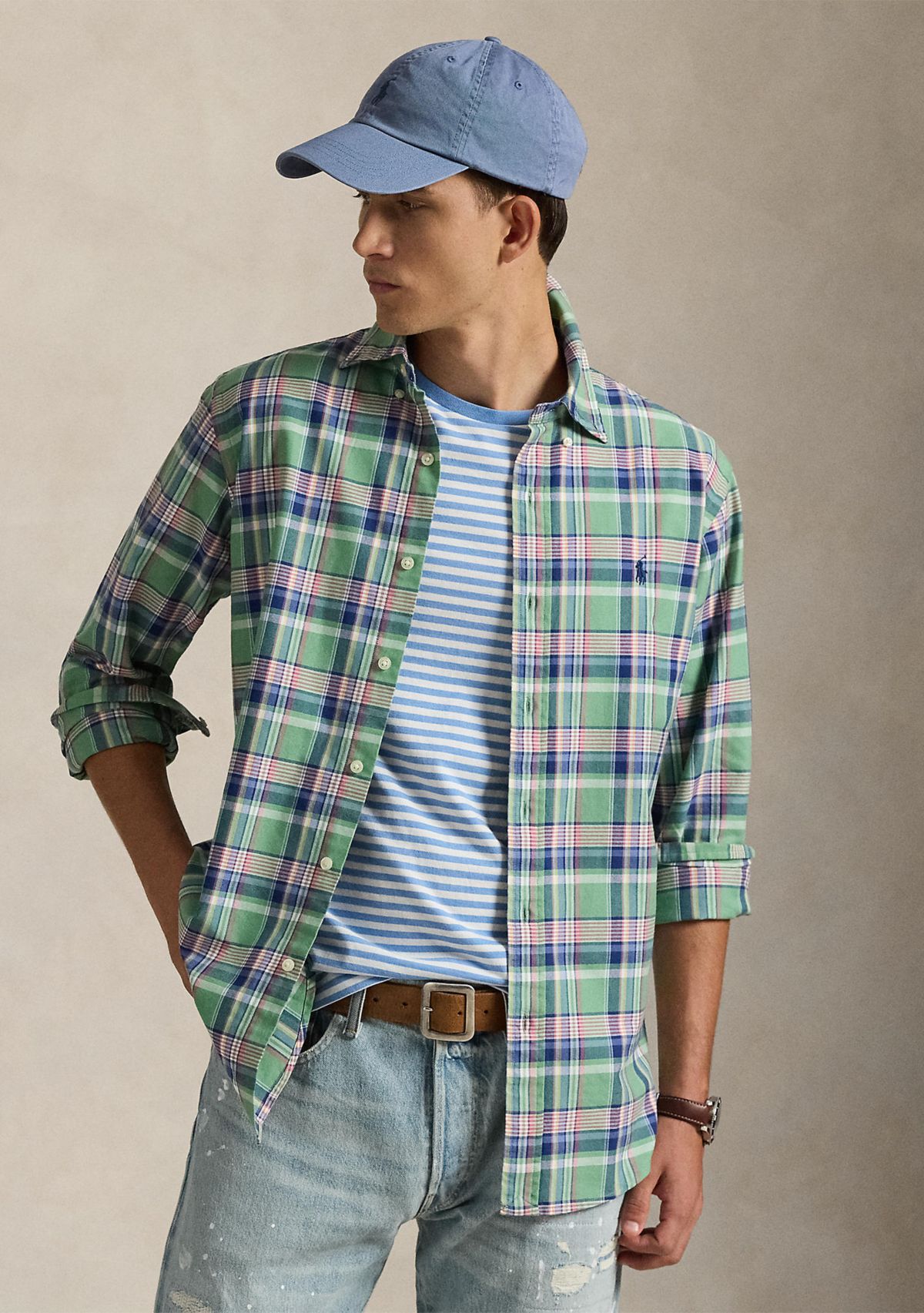 Mens Classic Fit Plaid Oxford Shirt