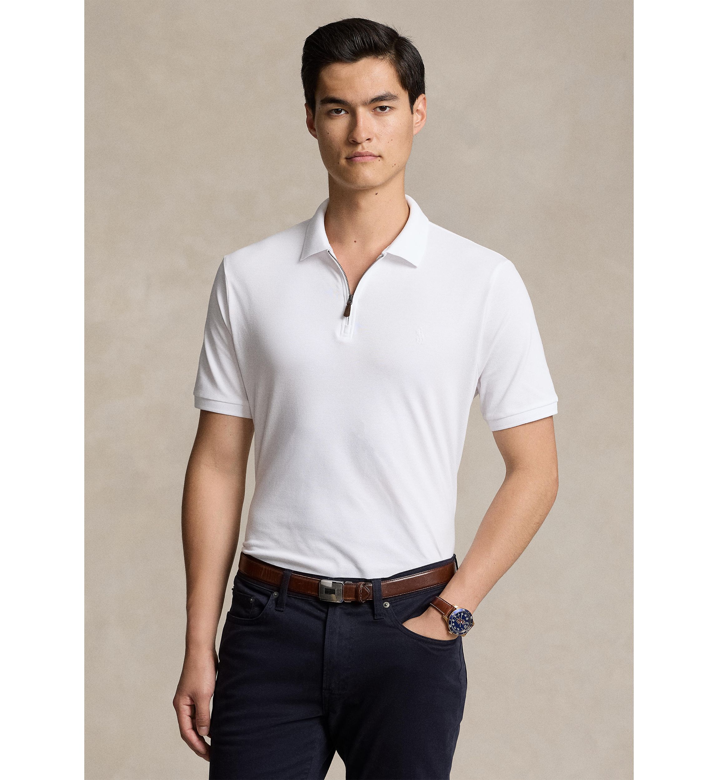 Classic Fit Stretch Mesh Zip Polo Shirt