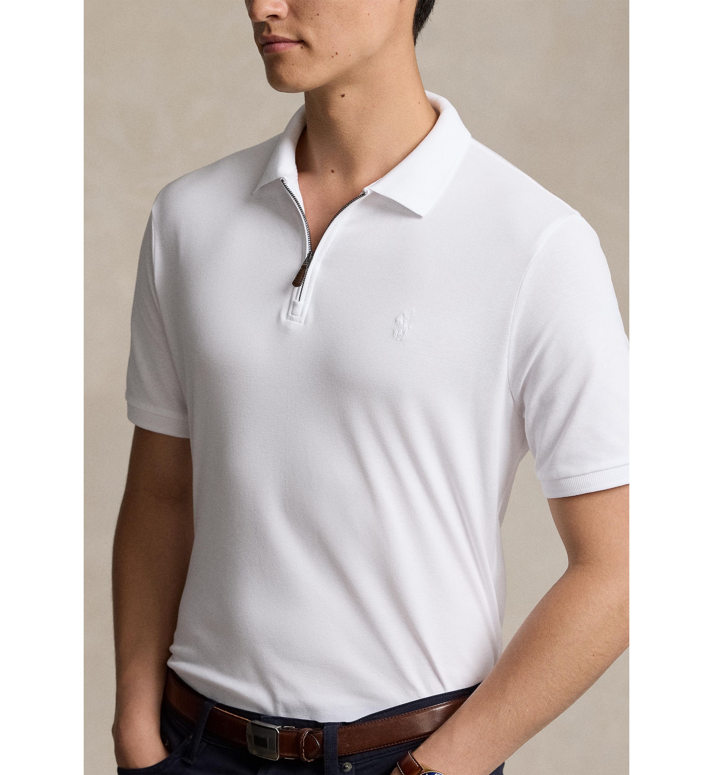 Classic Fit Stretch Mesh Zip Polo Shirt