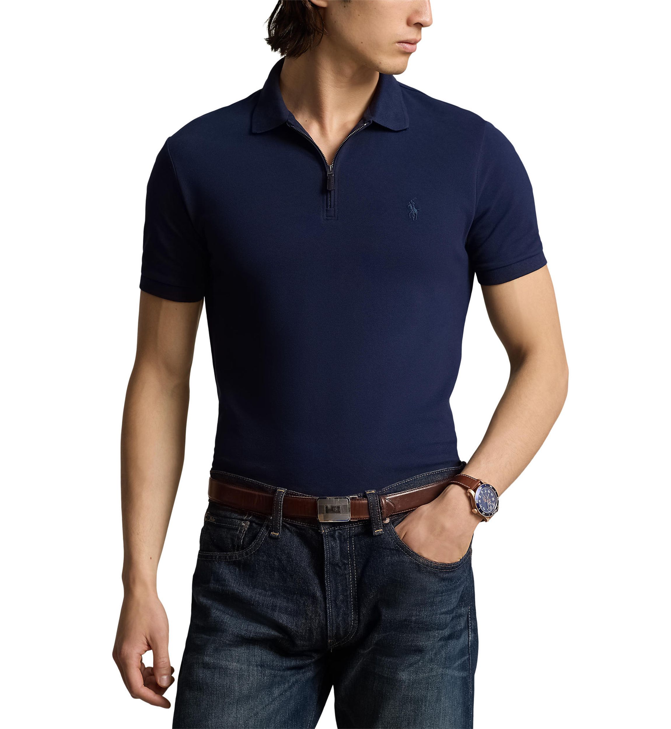 Classic Fit Stretch Mesh Zip Polo Shirt