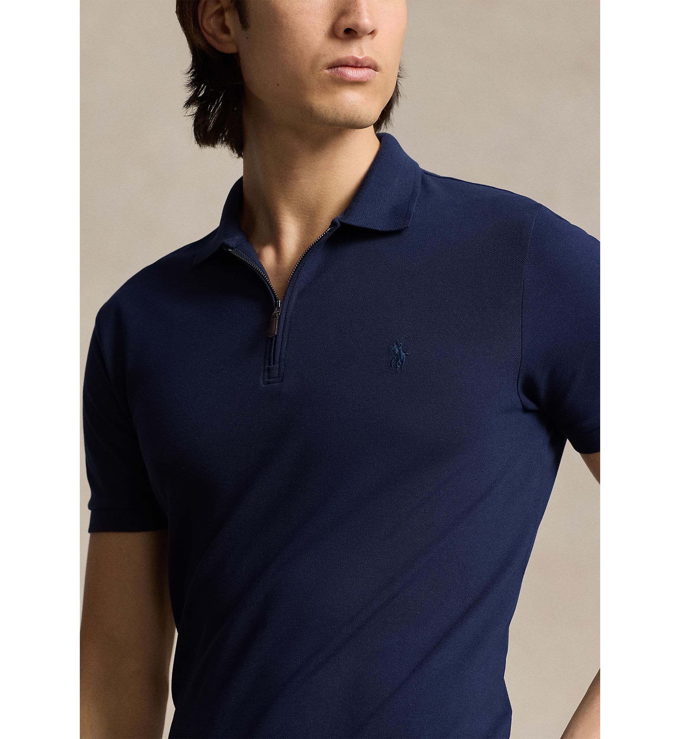 Classic Fit Stretch Mesh Zip Polo Shirt