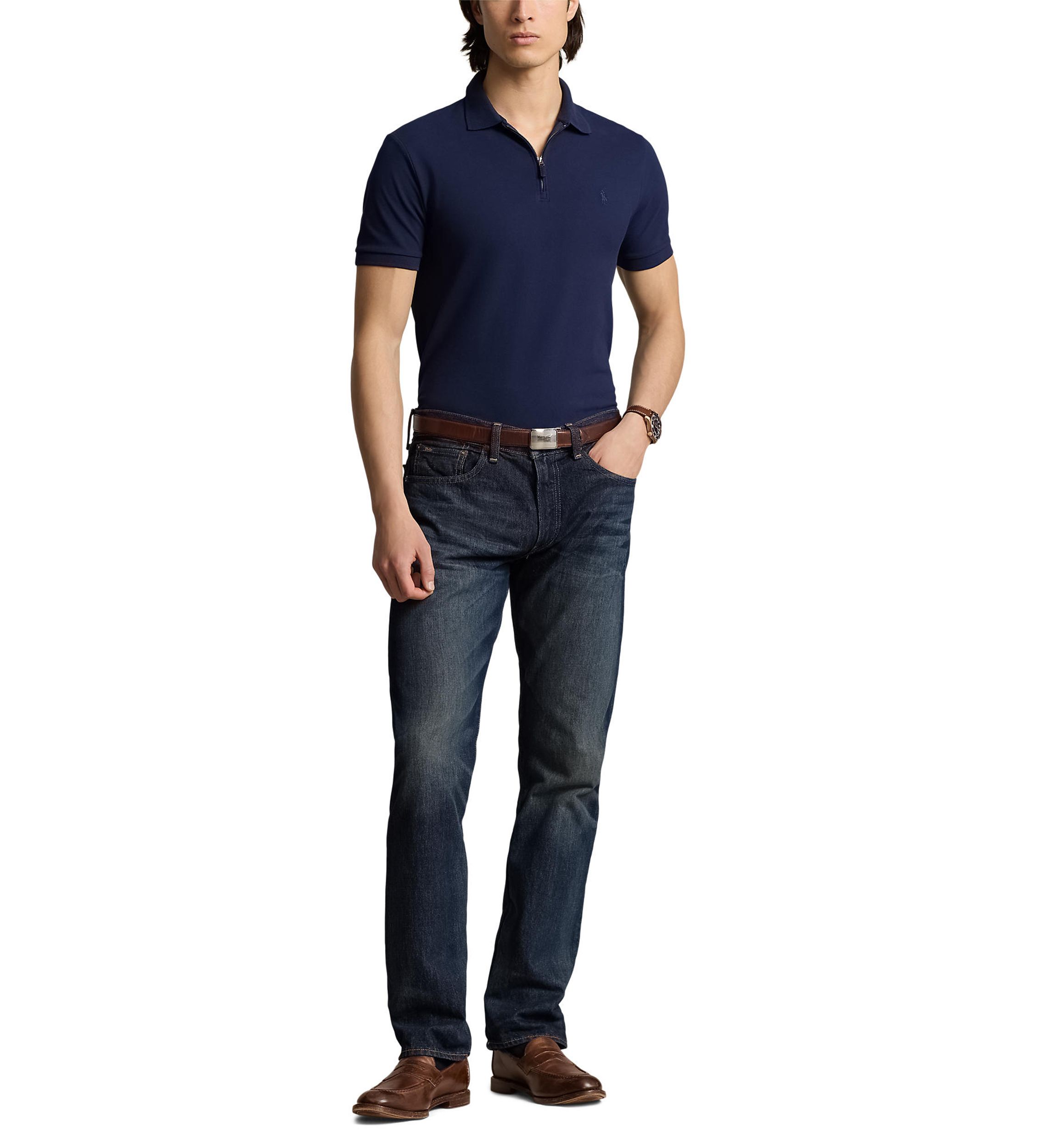Classic Fit Stretch Mesh Zip Polo Shirt