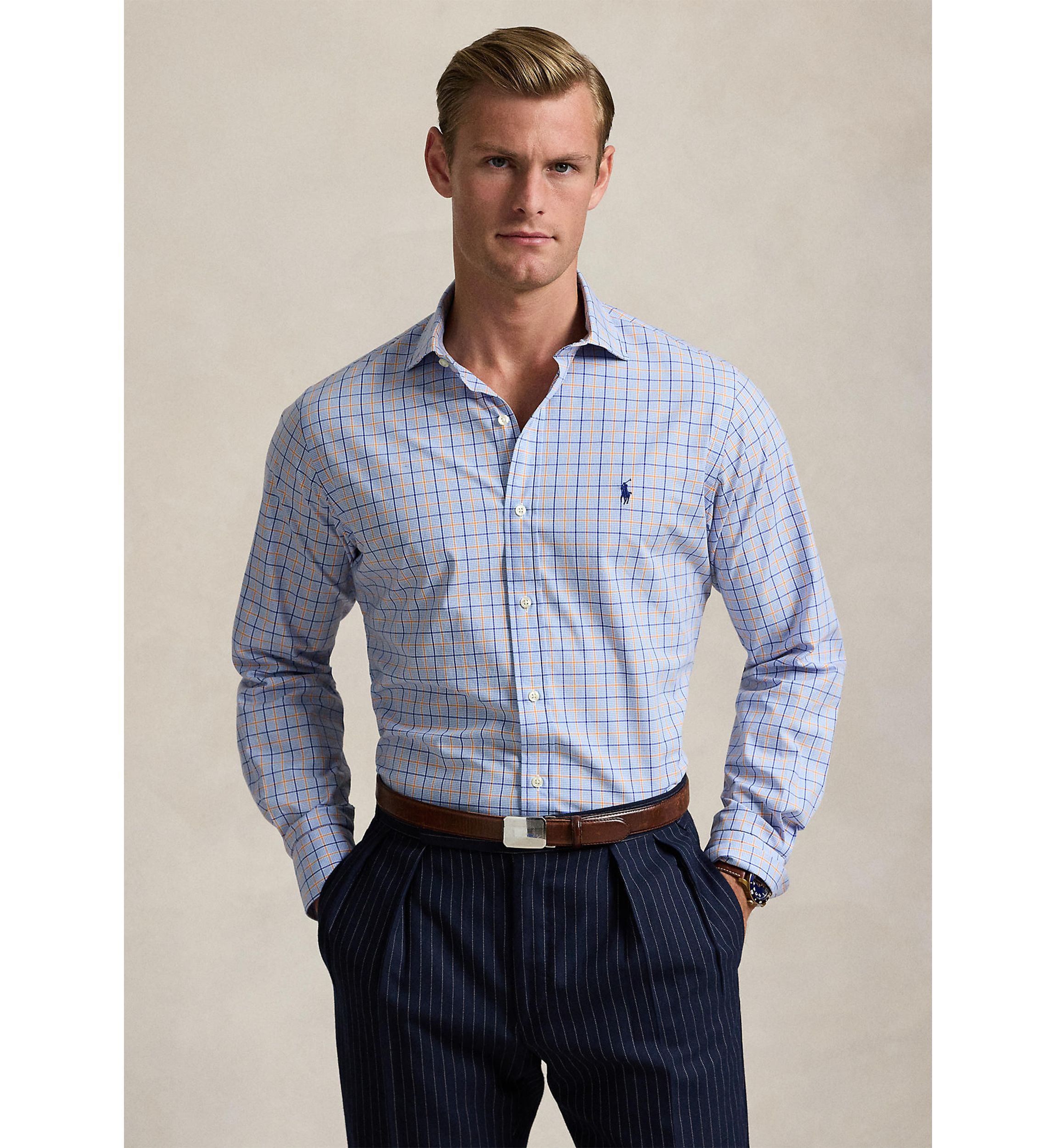 Classic Fit Plaid Stretch Poplin Shirt