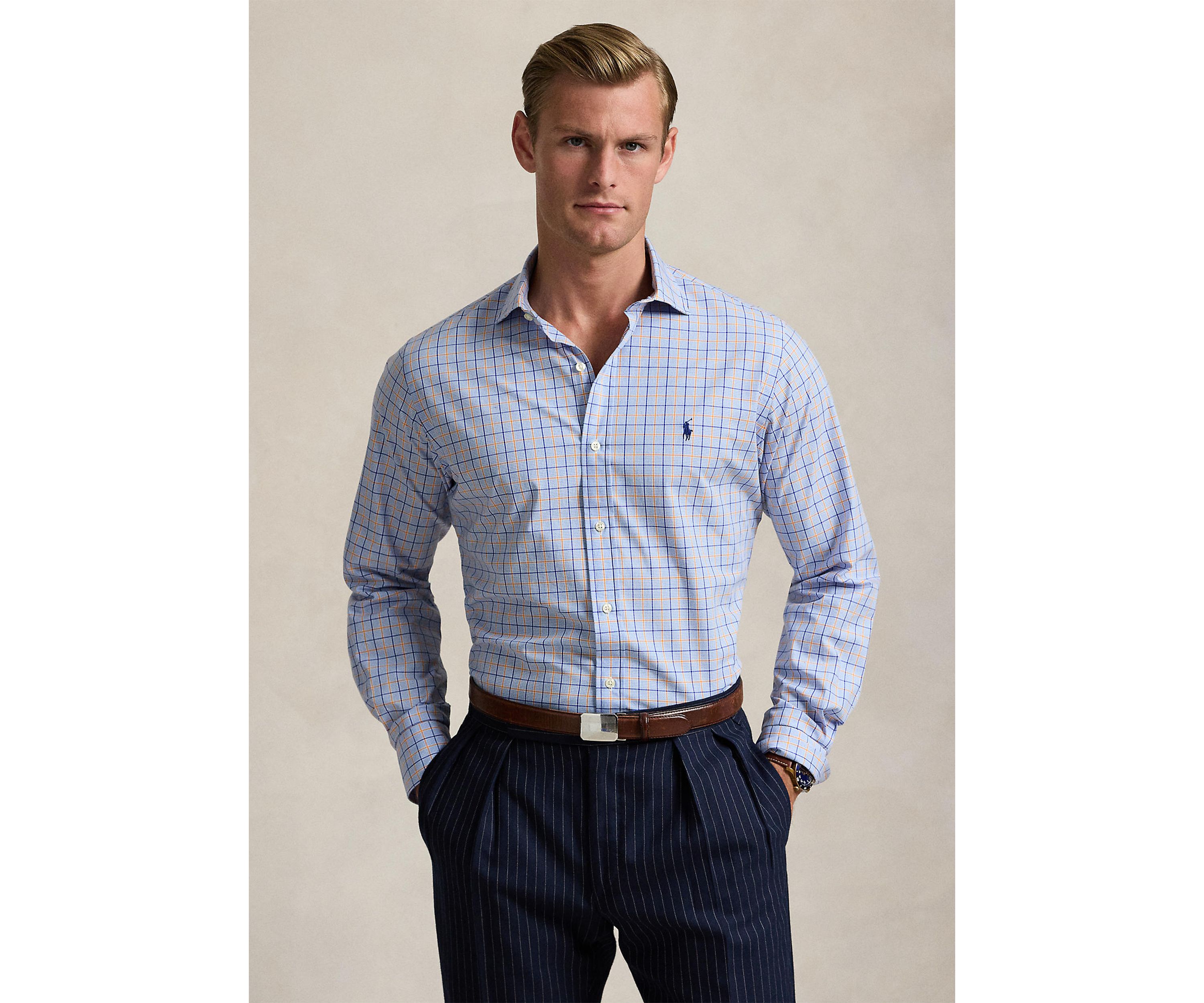 Classic Fit Plaid Stretch Poplin Shirt