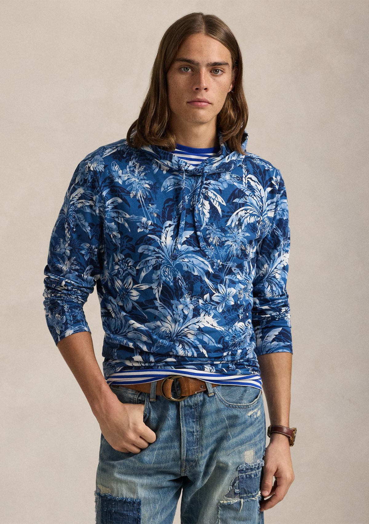 Tropical-Print Jersey Hooded T-Shirt