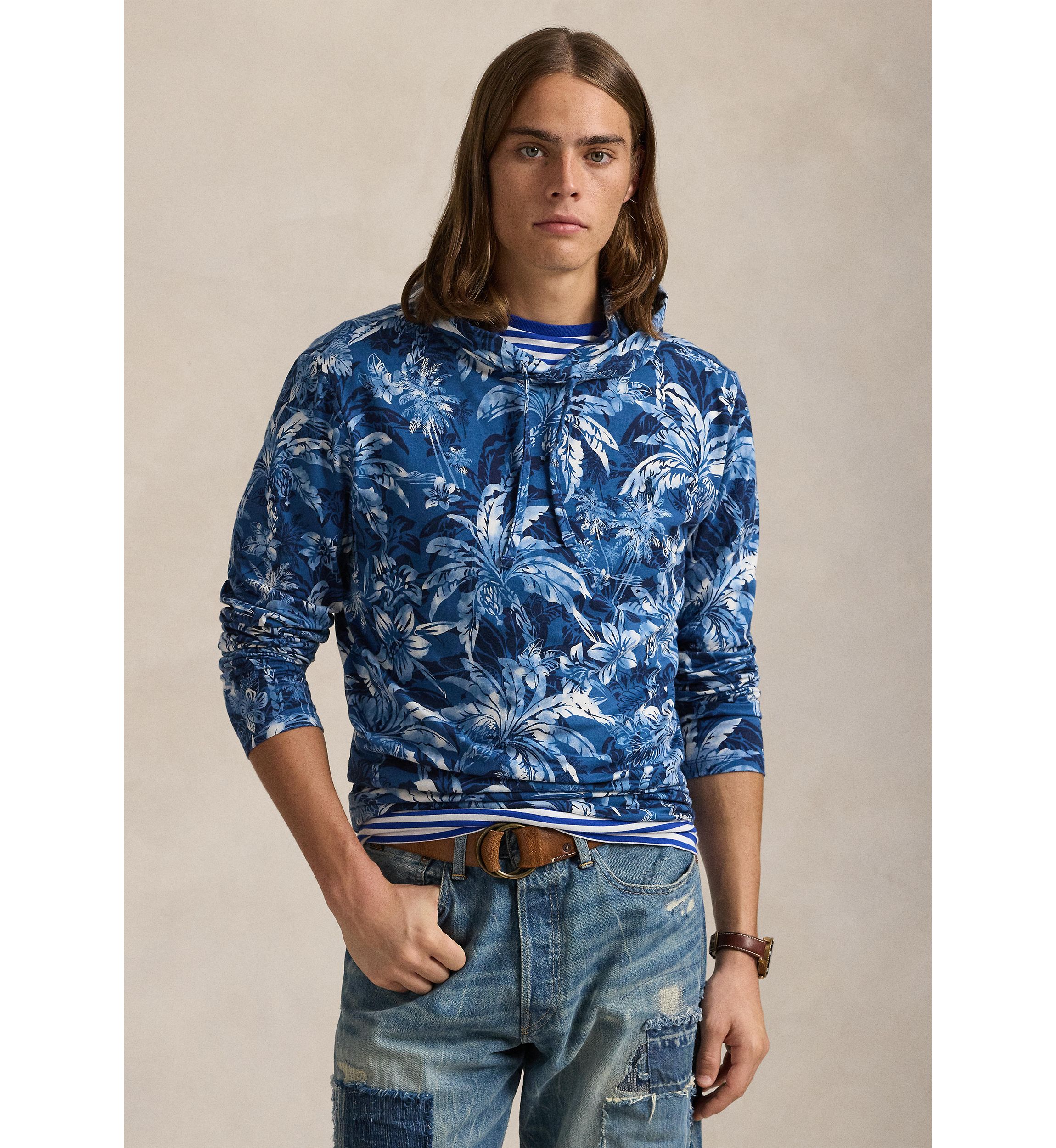 Tropical-Print Jersey Hooded T-Shirt