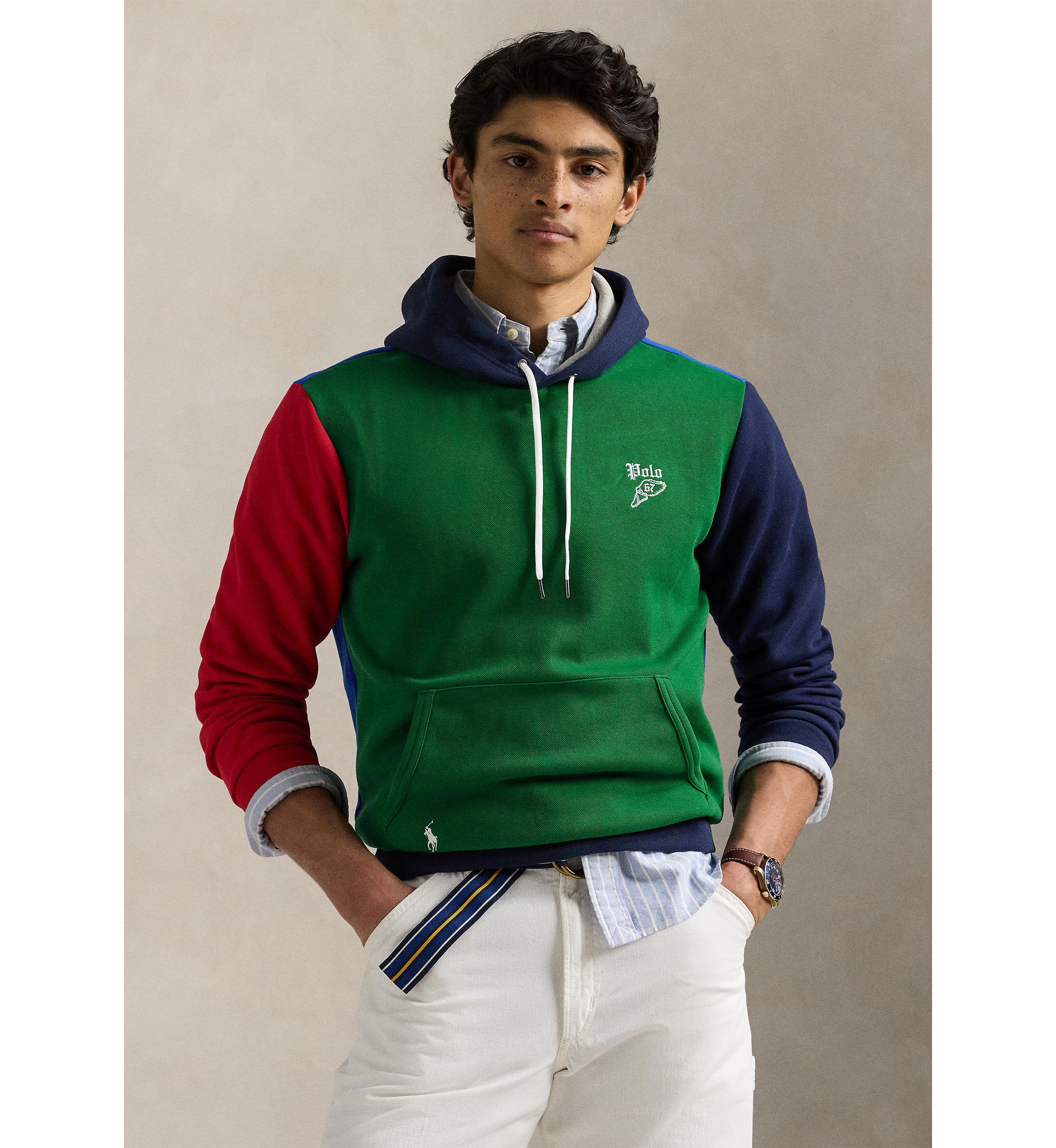 Color-Blocked Double-Knit Mesh Hoodie